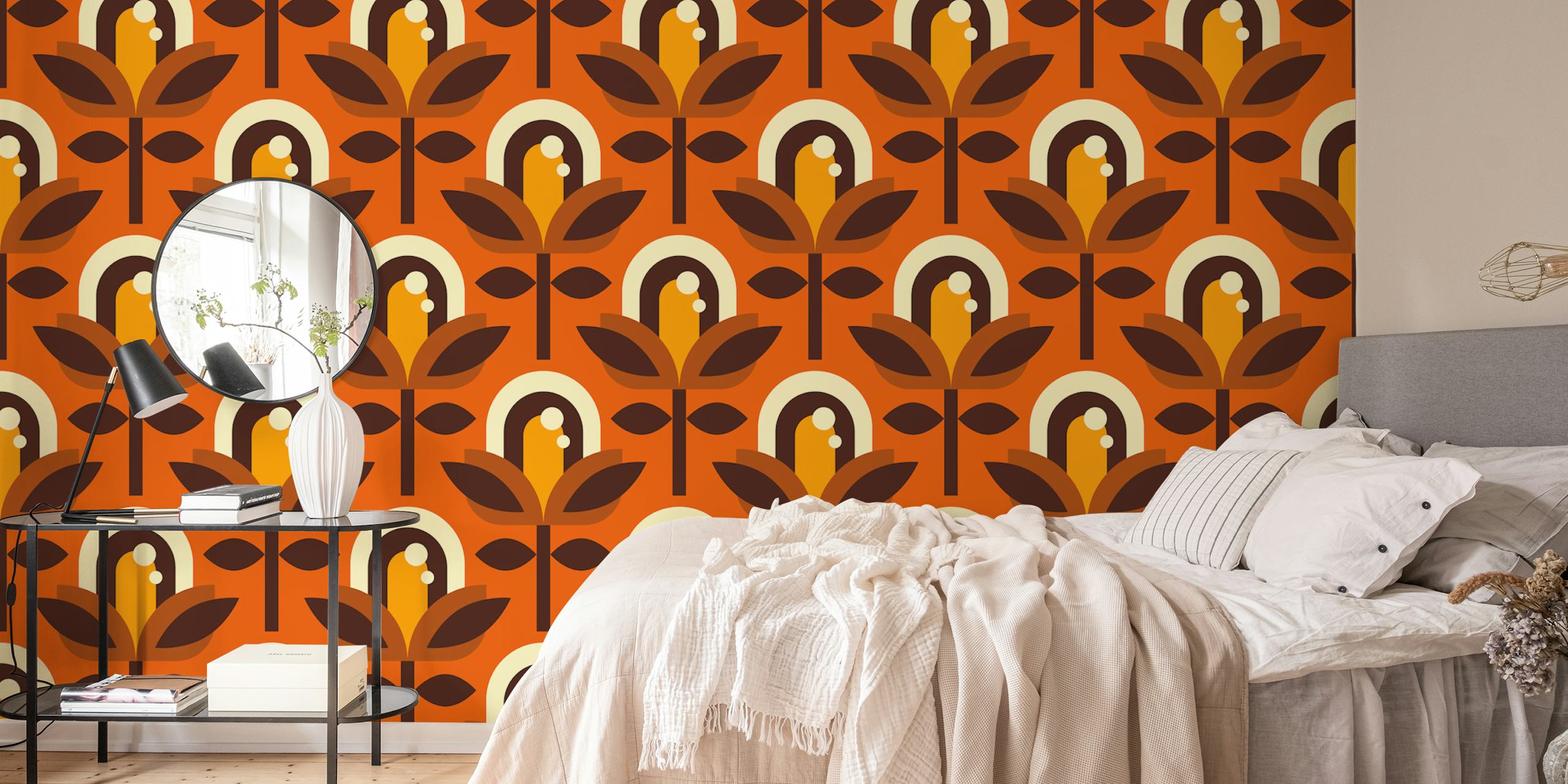 Retro floral pattern in brown and orange colors wallpaper