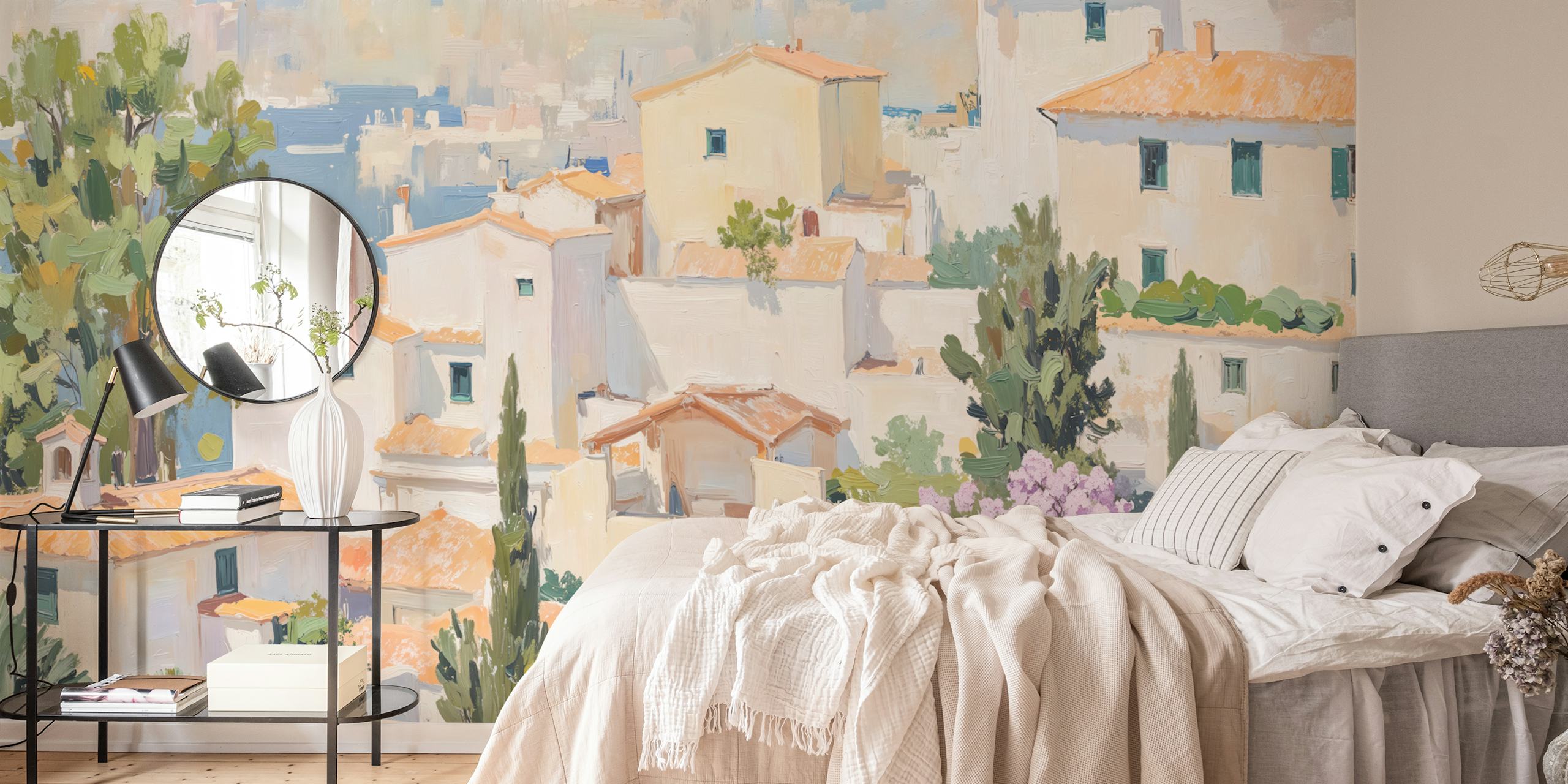 Mediterranean village scene with white houses and green trees wallpaper