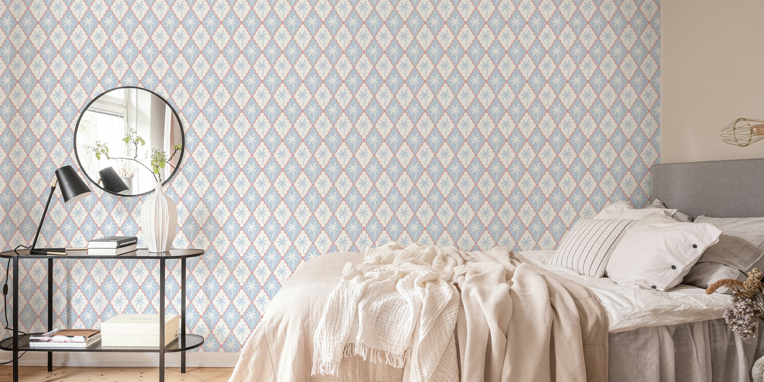 Scalloped diamonds with palms wallpaper in room