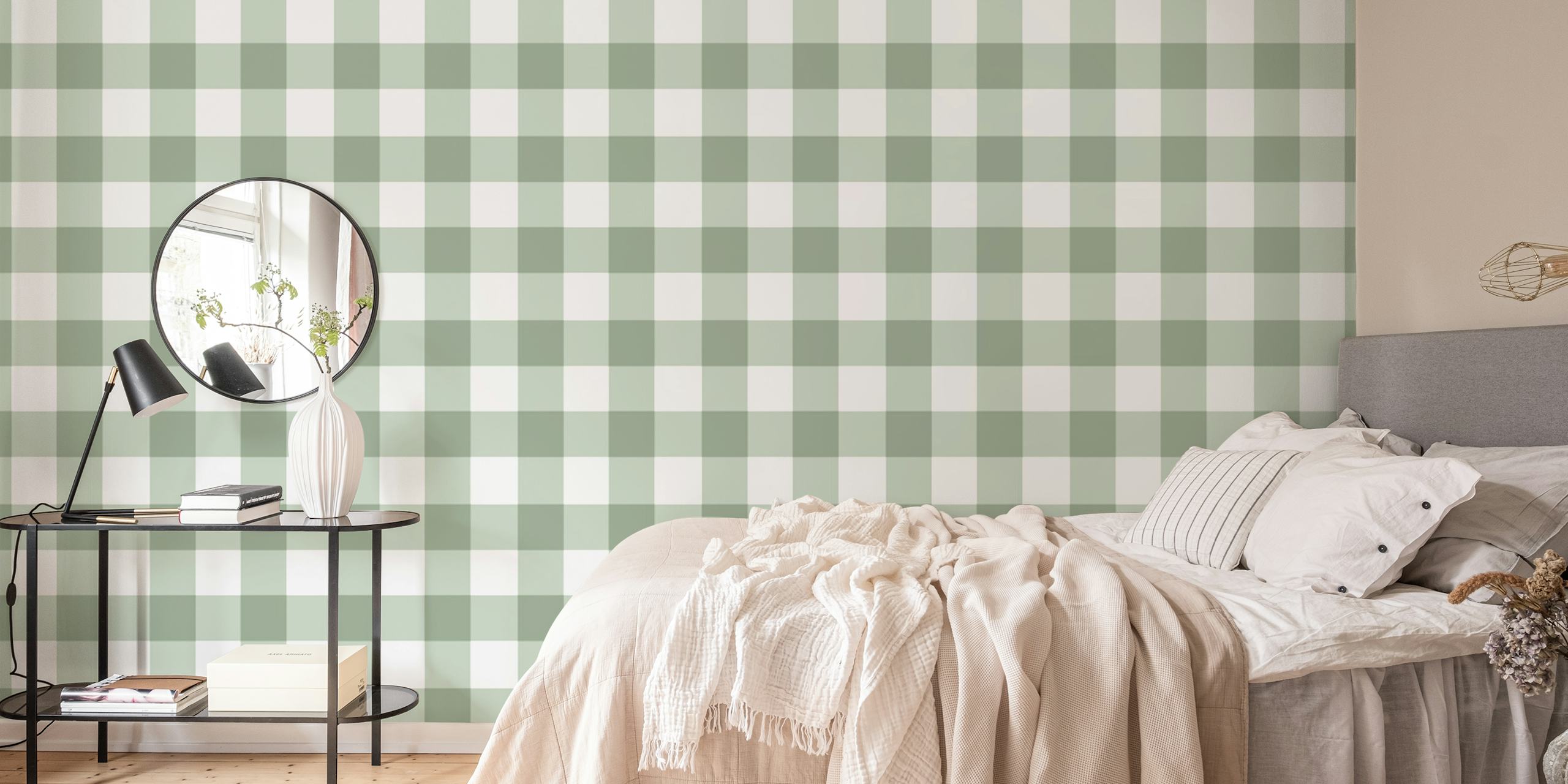 Sage green gingham large checkered plaid wallpaper