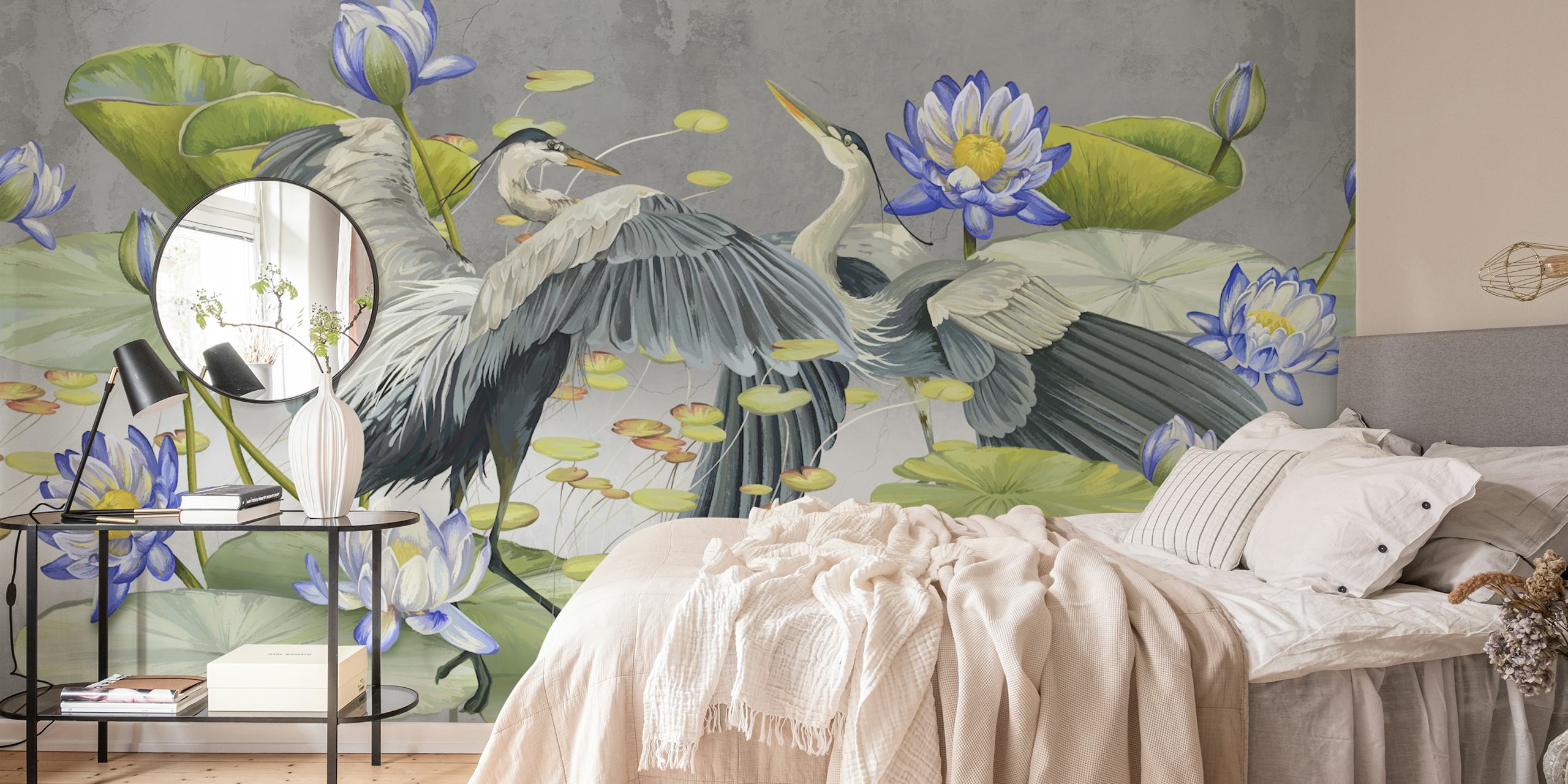 Heron and water lily scene with gray background wallpaper