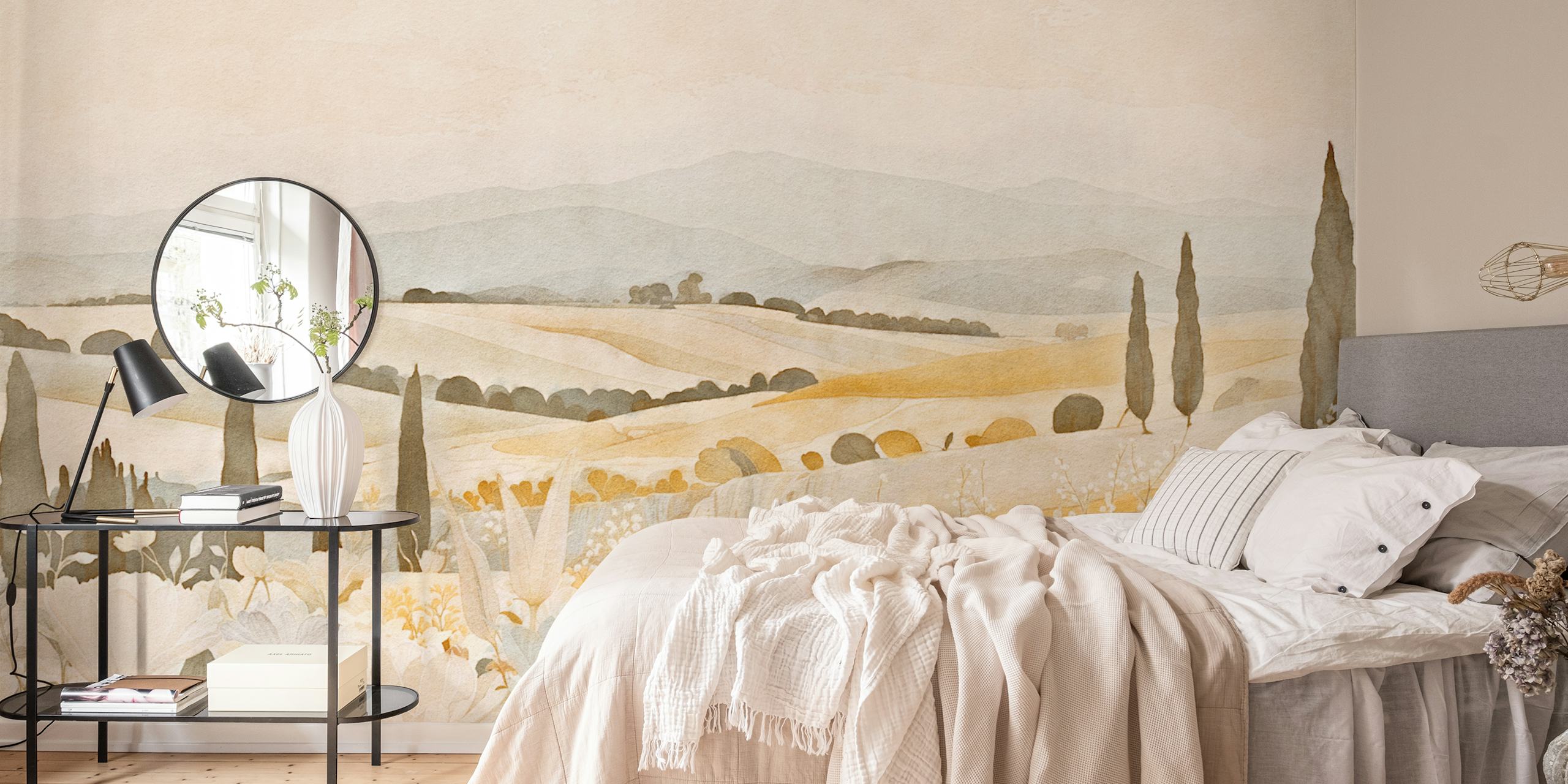 Soft landscape with hills and flowers in beige pastel colors wallpaper