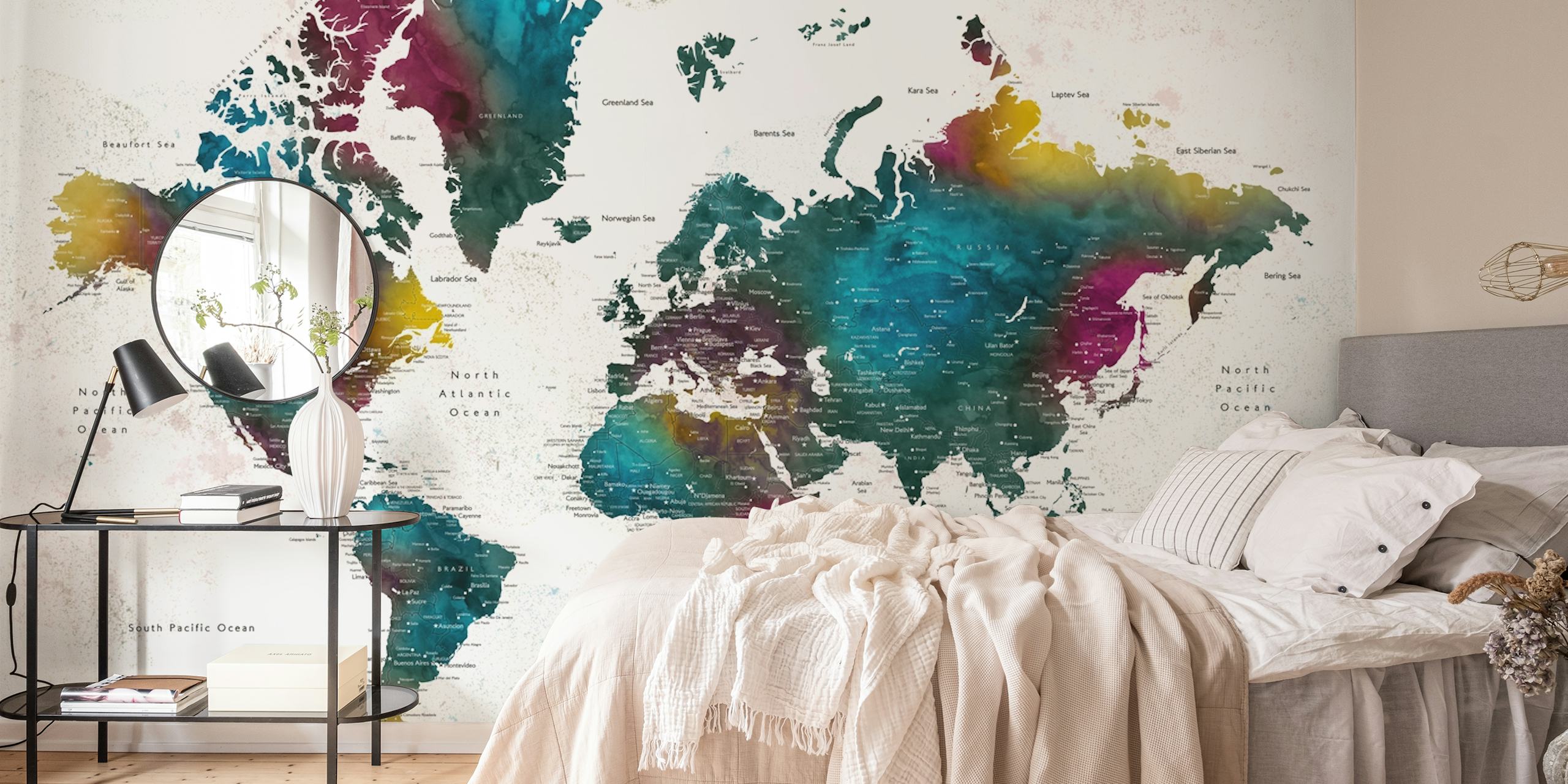 Colorful abstract world map wall mural titled Adventure Awaits Charleena