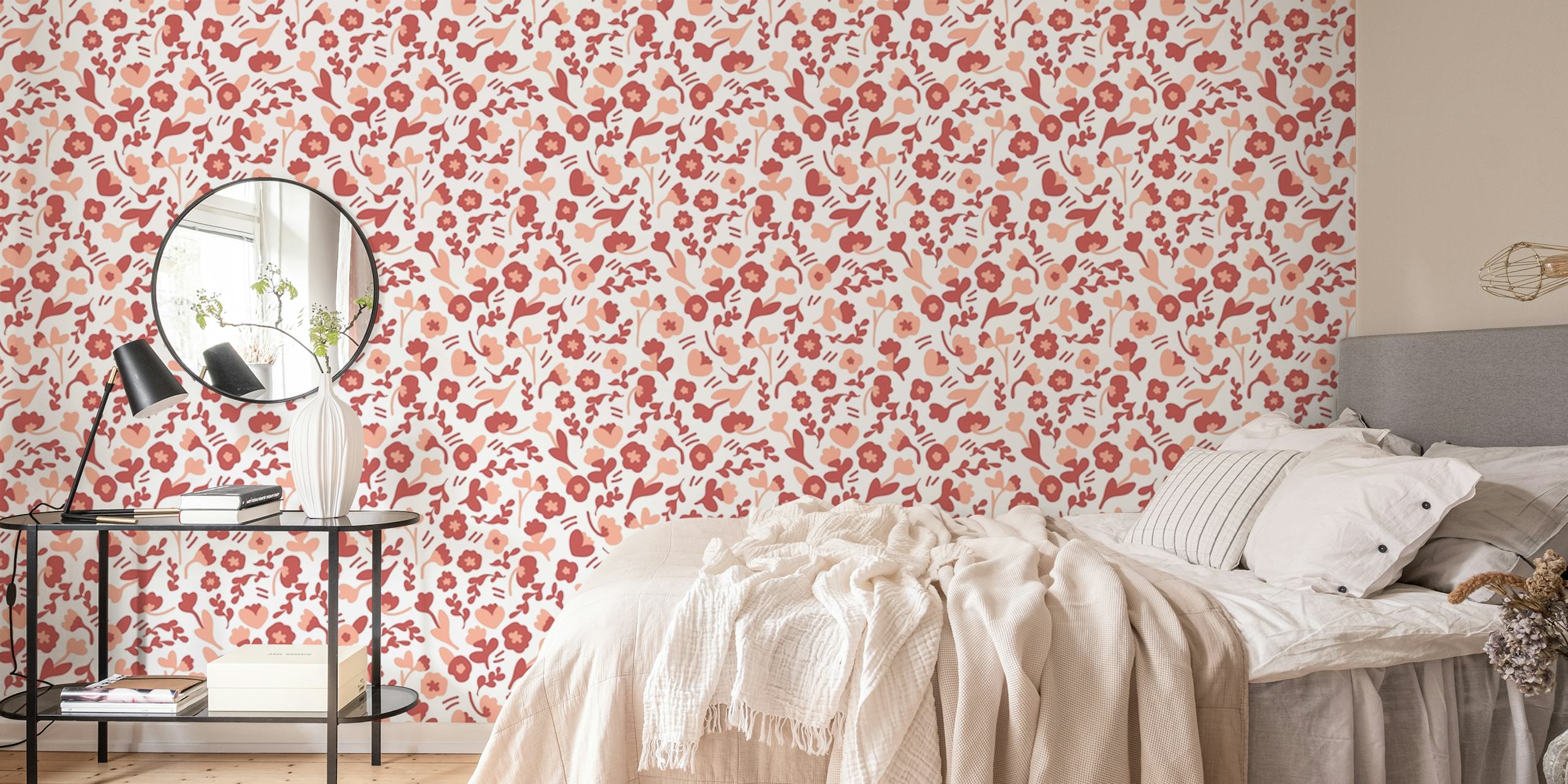 Floral patterns in terracotta shades and white background wallpaper