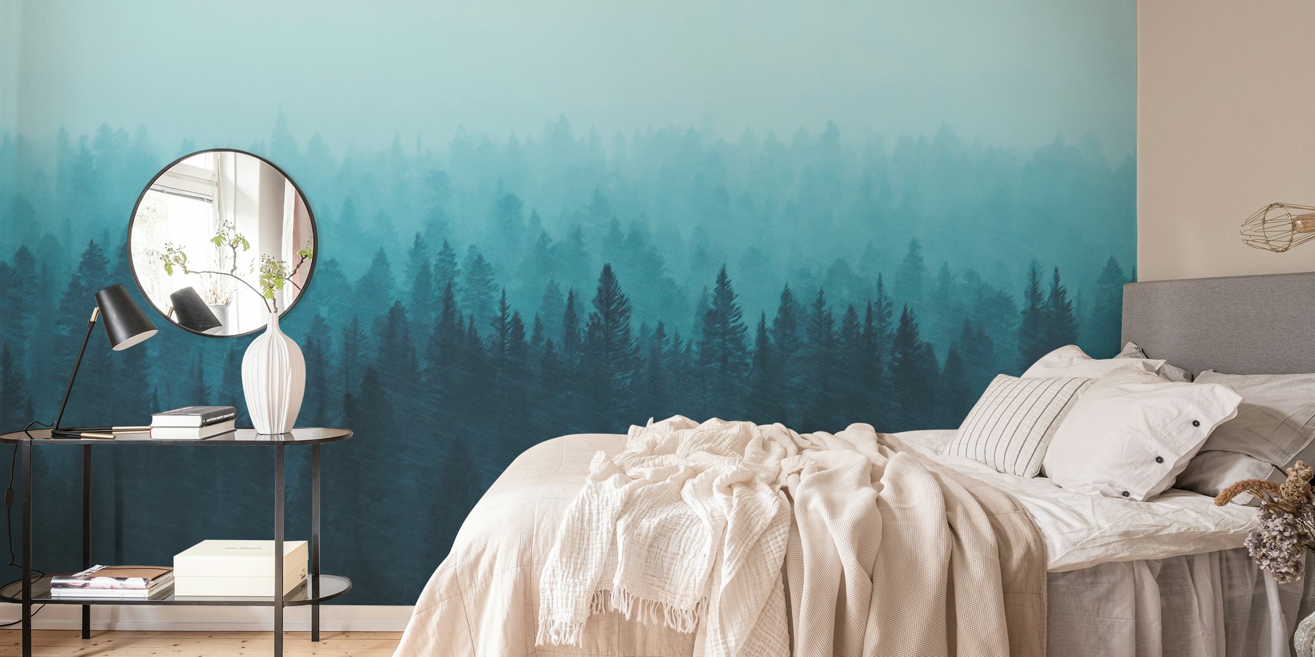 Foggy blue forest pattern wallpaper with pine trees