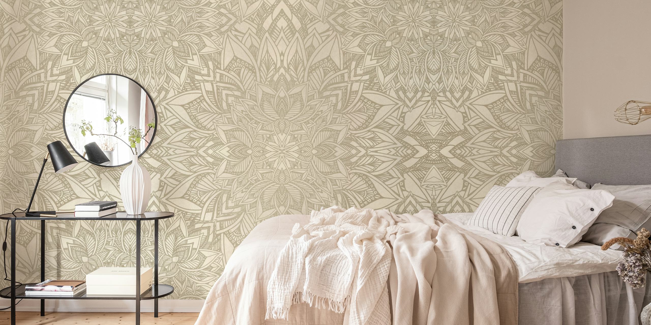 Papier peint mural mandala floral doré avec des motifs dorés complexes sur un fond neutre