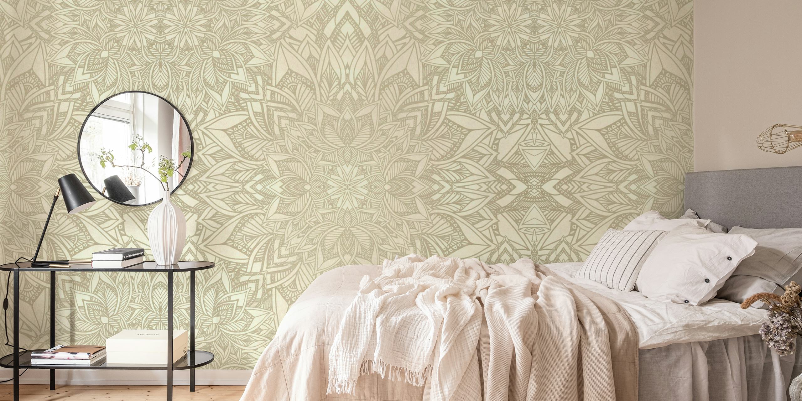 Golden Floral Mandala Wall Mural with intricate gold patterns on a neutral background