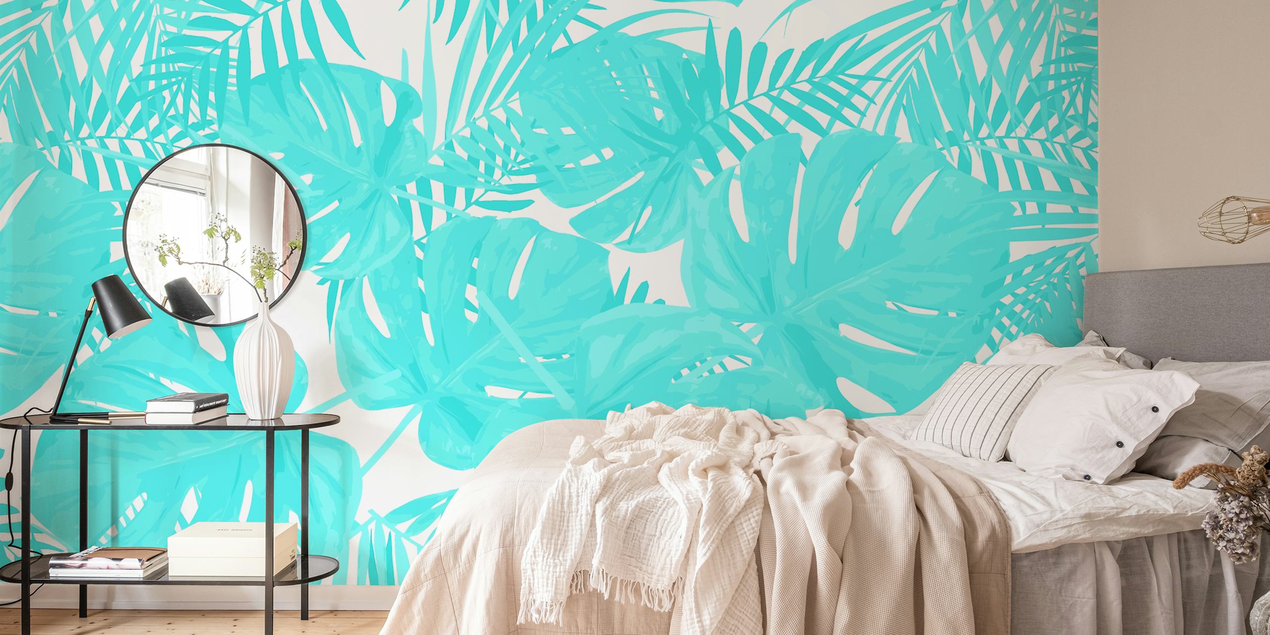 Papel de parede Bright Turquoise Monstera em um quarto