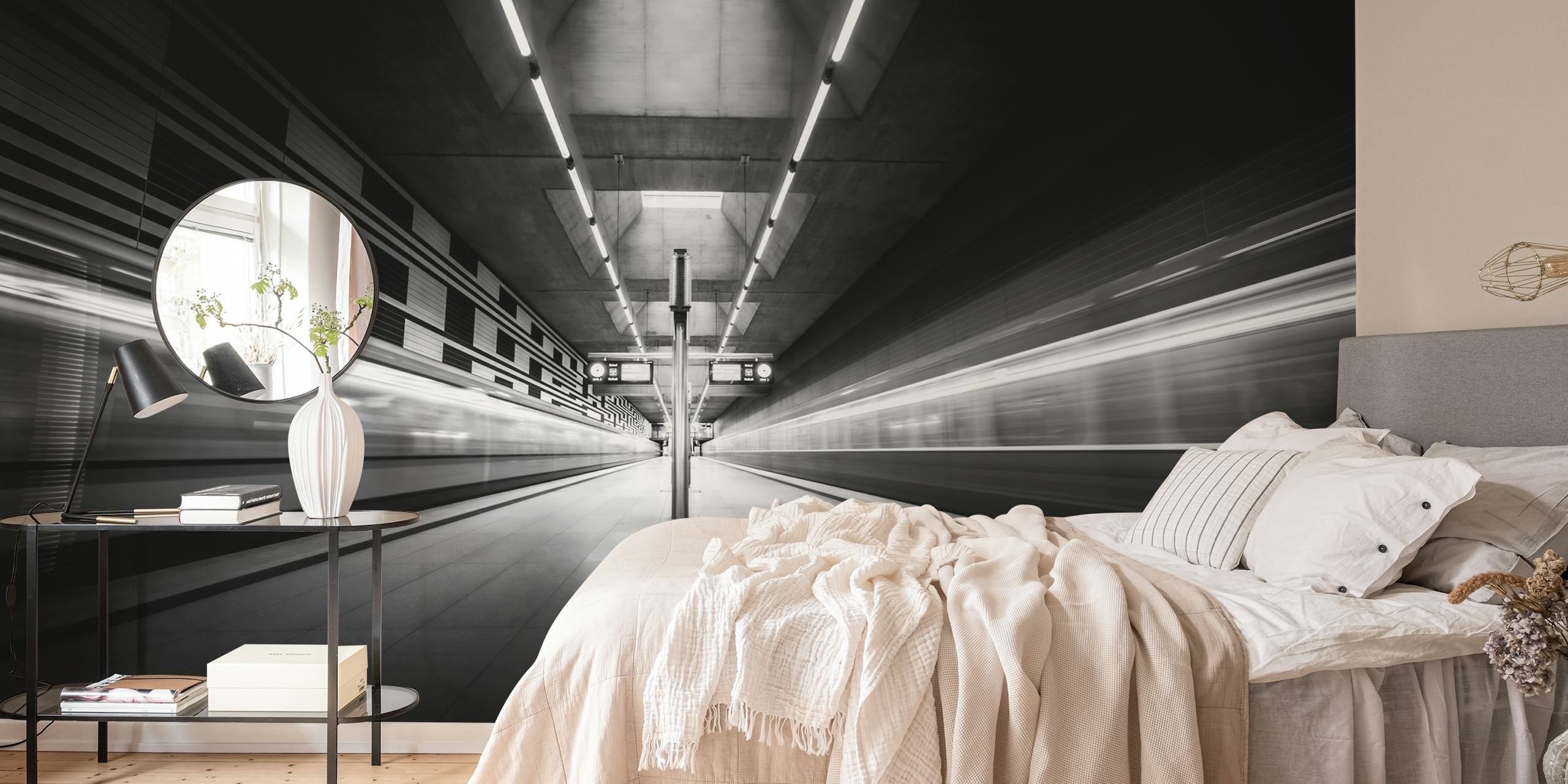 Black and white subway station wallpaper featuring dynamic lines and lights