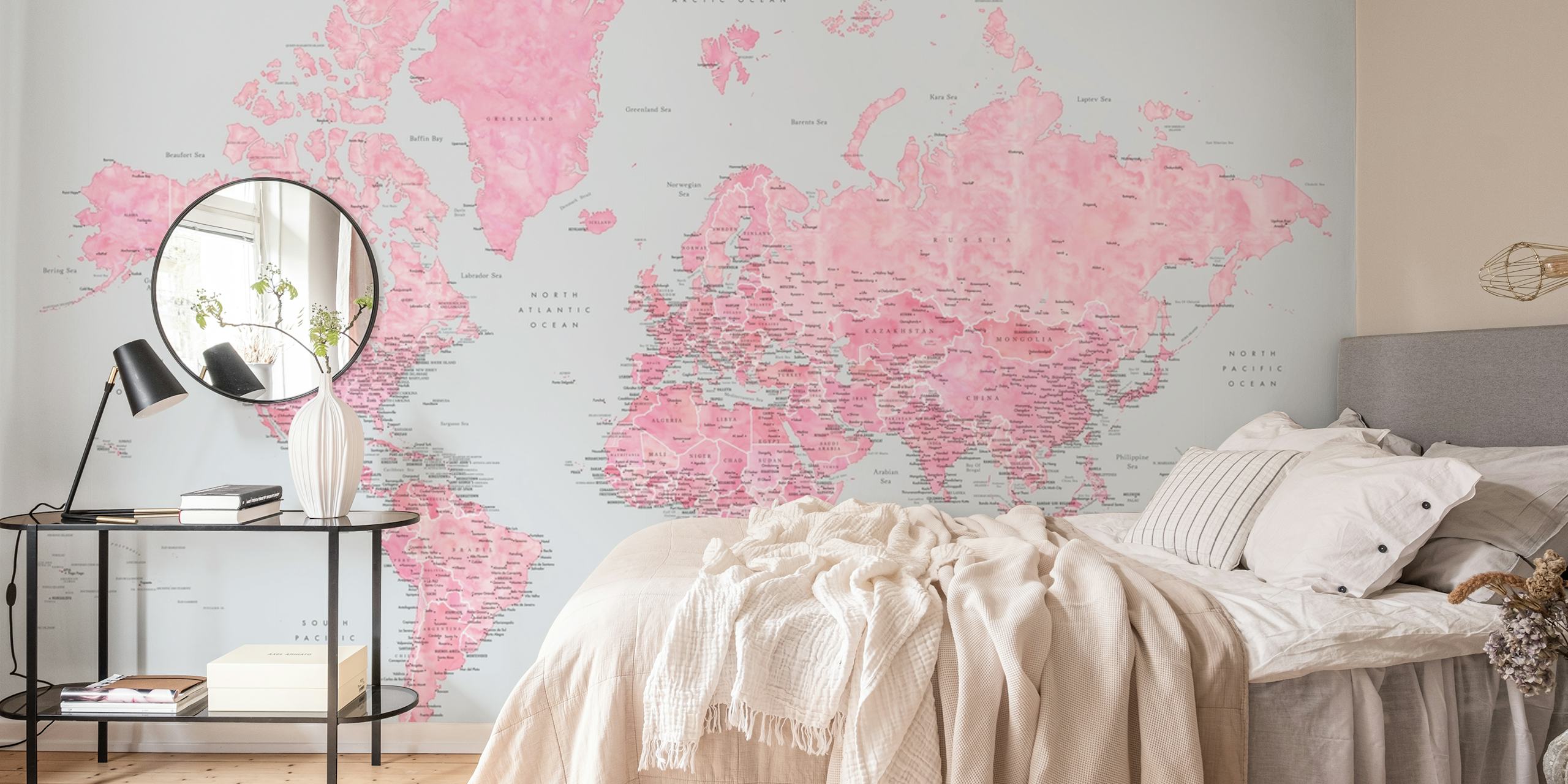 Detailed world map wallpaper in a stylish room