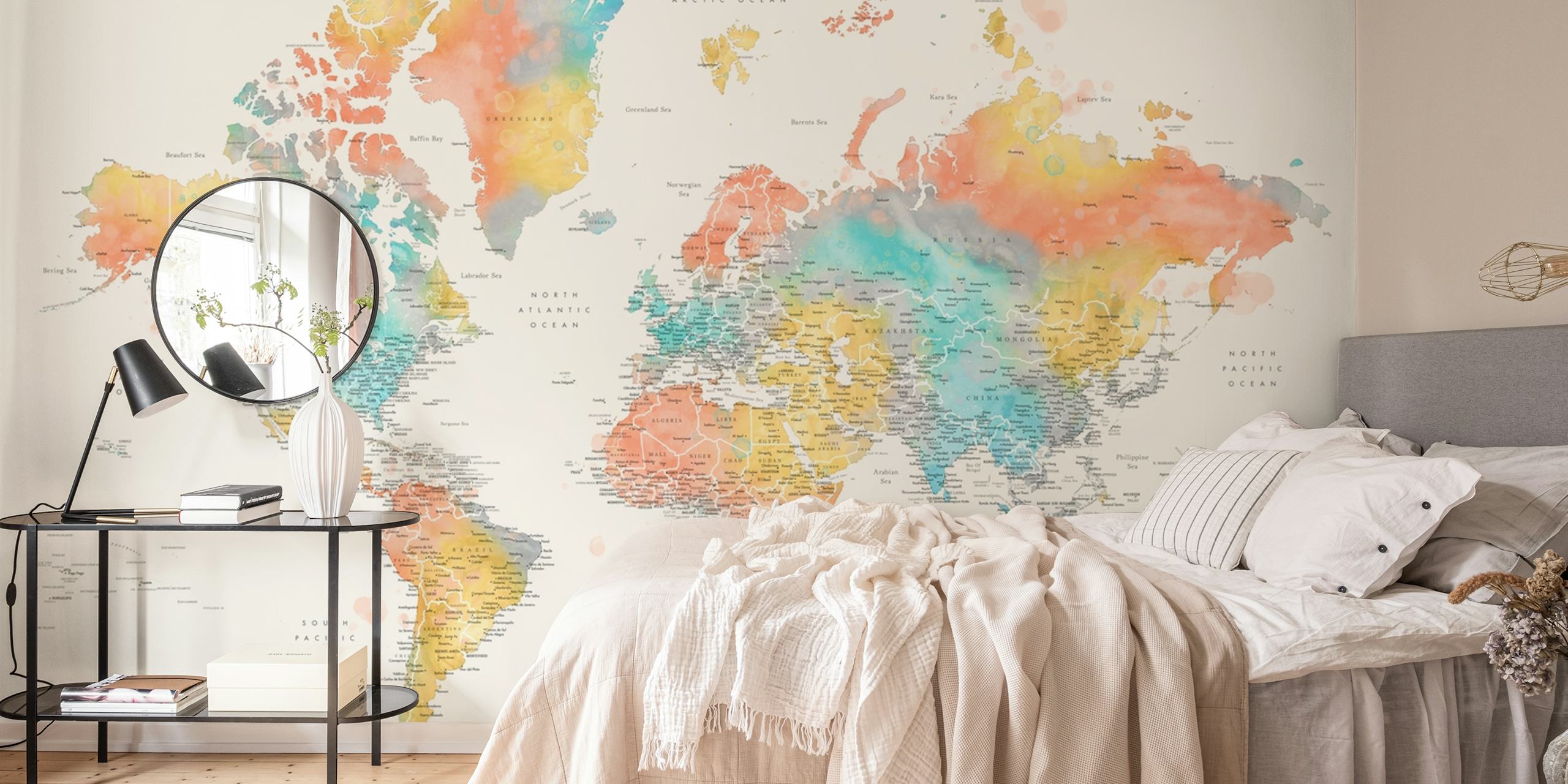 Colorful and detailed world map wall mural for interior decoration