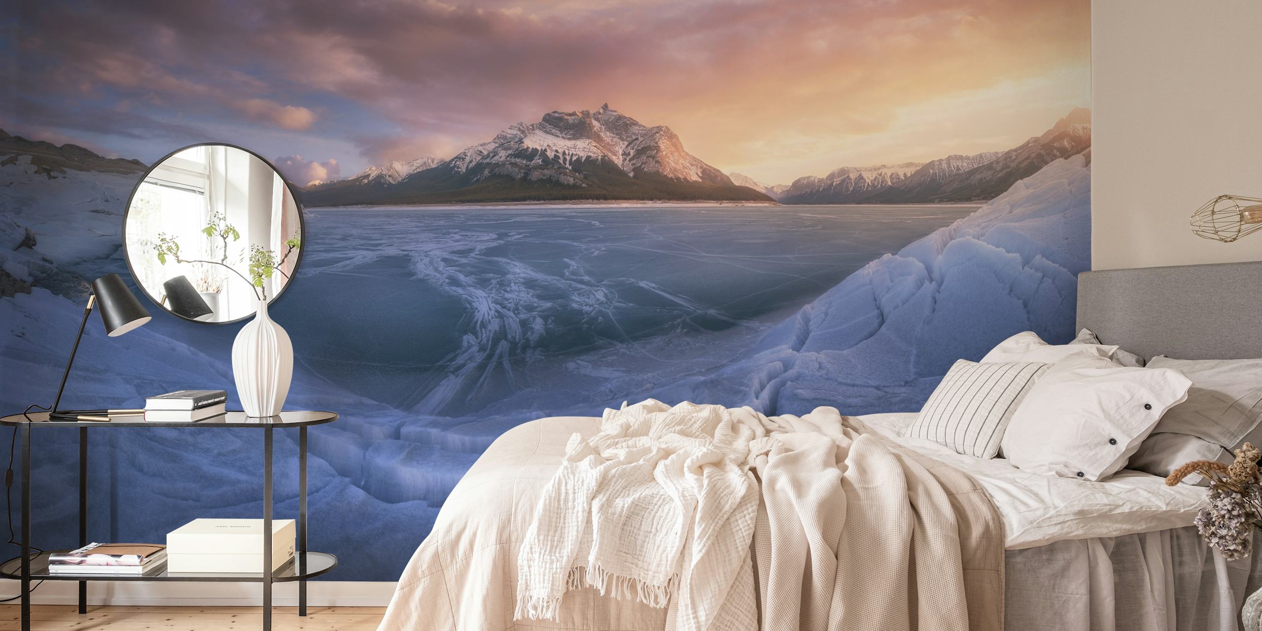 Mountain landscape with icy foreground and sunset colors wallpaper