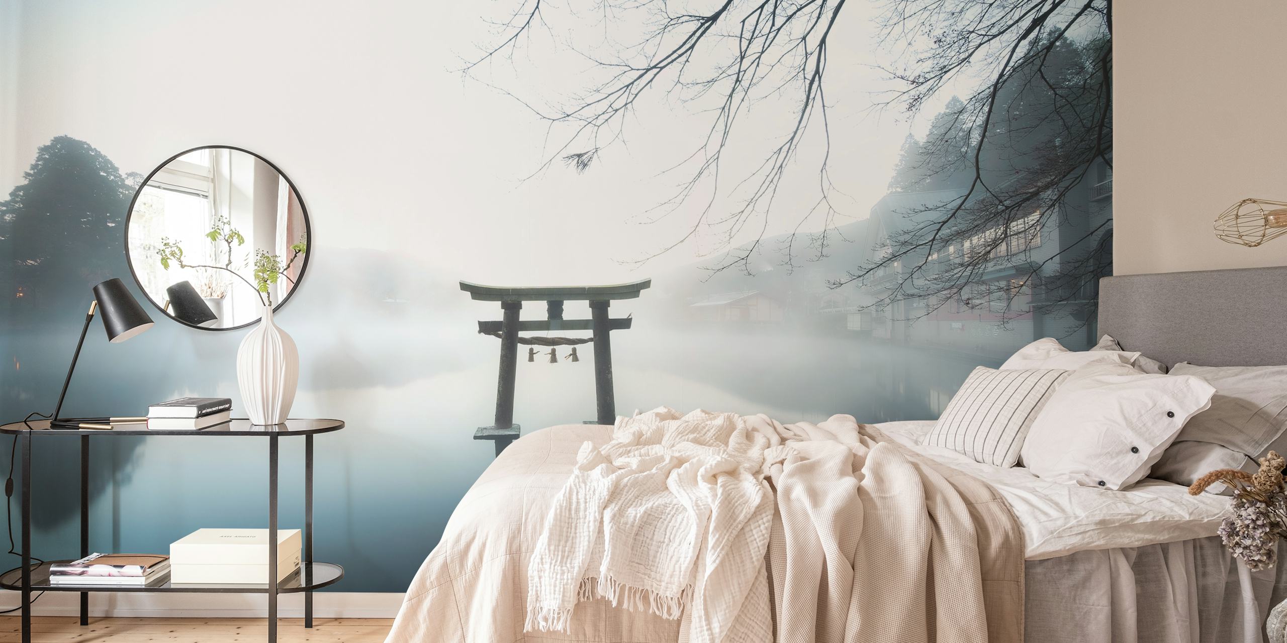 Japanese torii gate in misty water landscape wallpaper