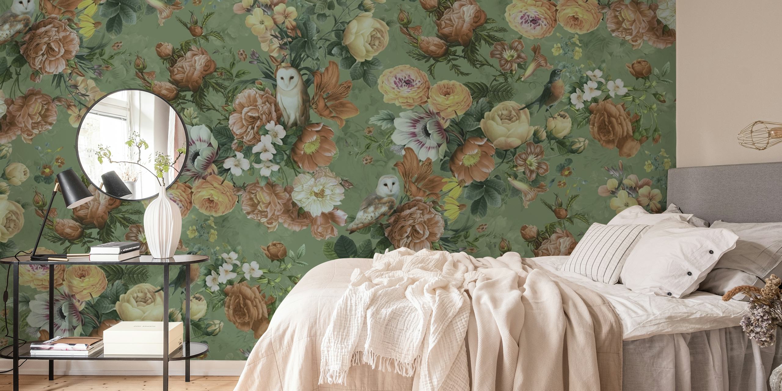 Owl and floral garden design in soft green and warm tones wallpaper
