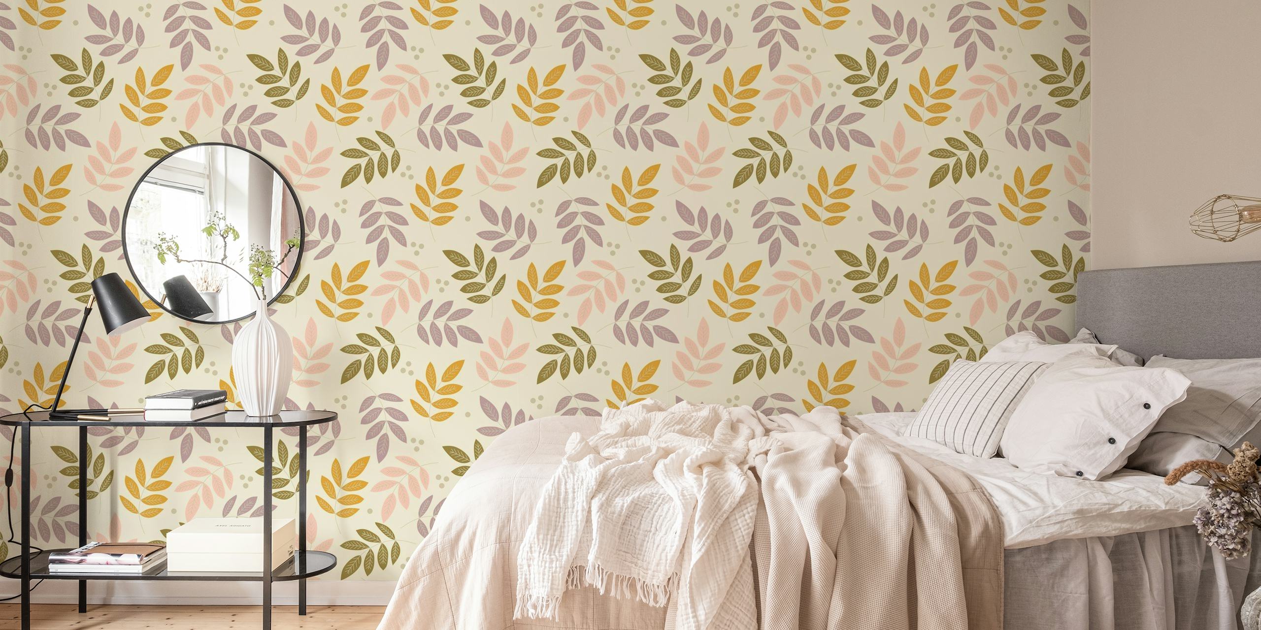Falling Leaves wall mural with gold, green, and purple leaves on a blush background