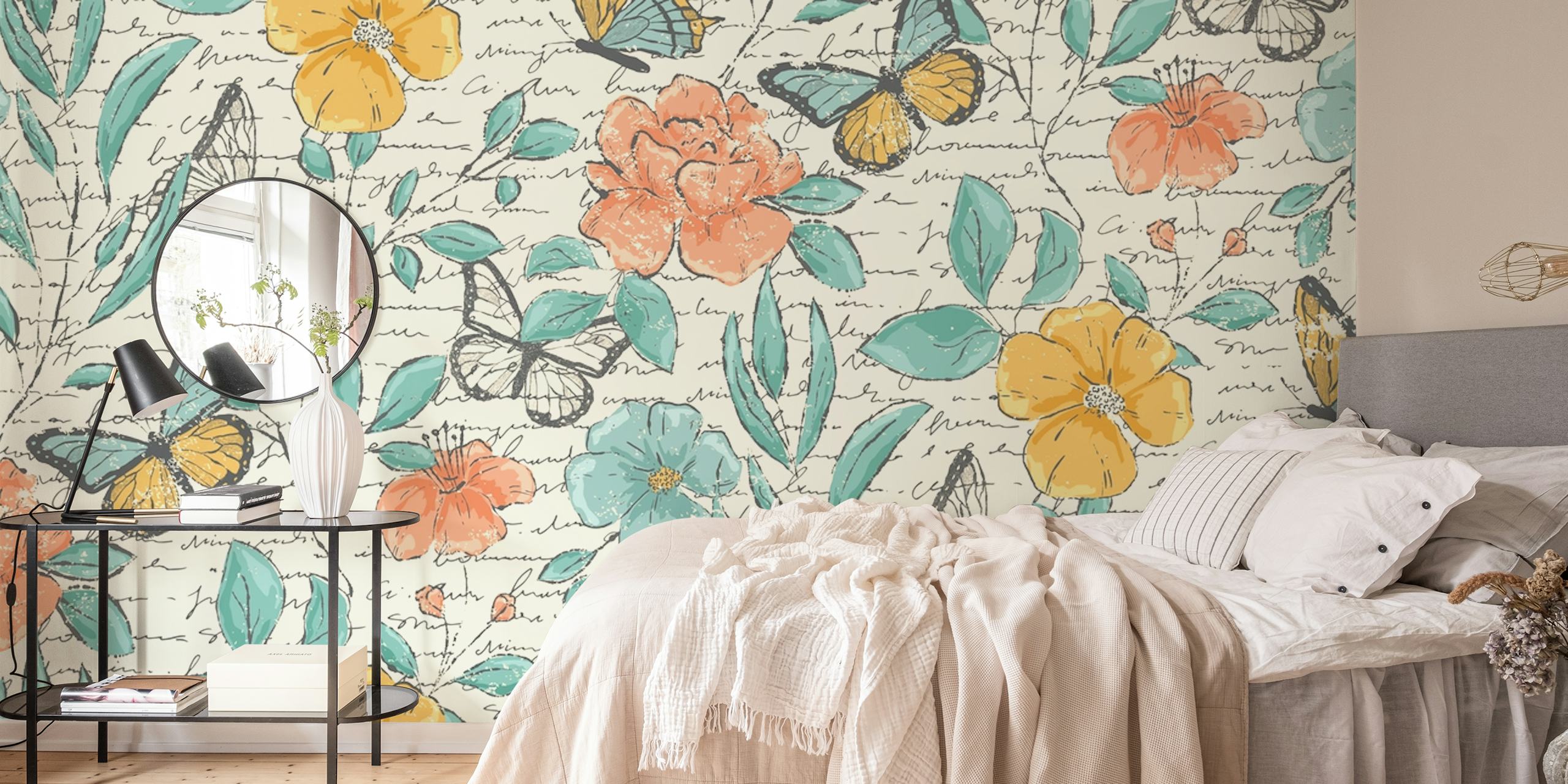Colorful flowers and butterflies on a beige background wallpaper