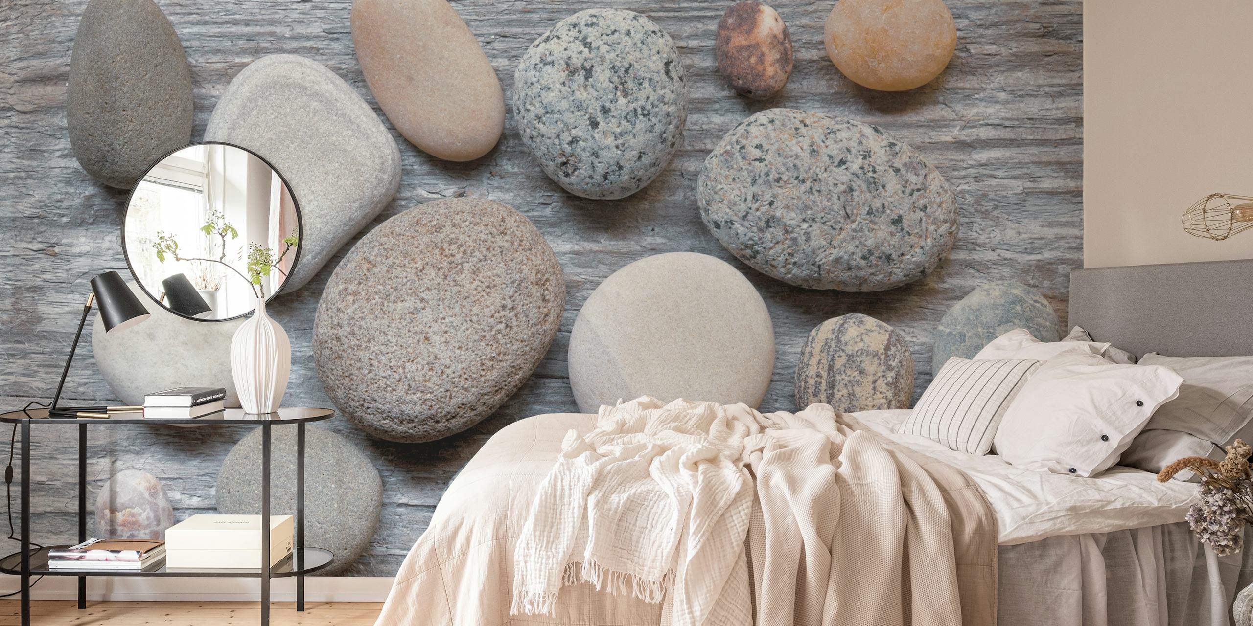 Grey pebble design featuring smooth stones on a wooden surface wallpaper