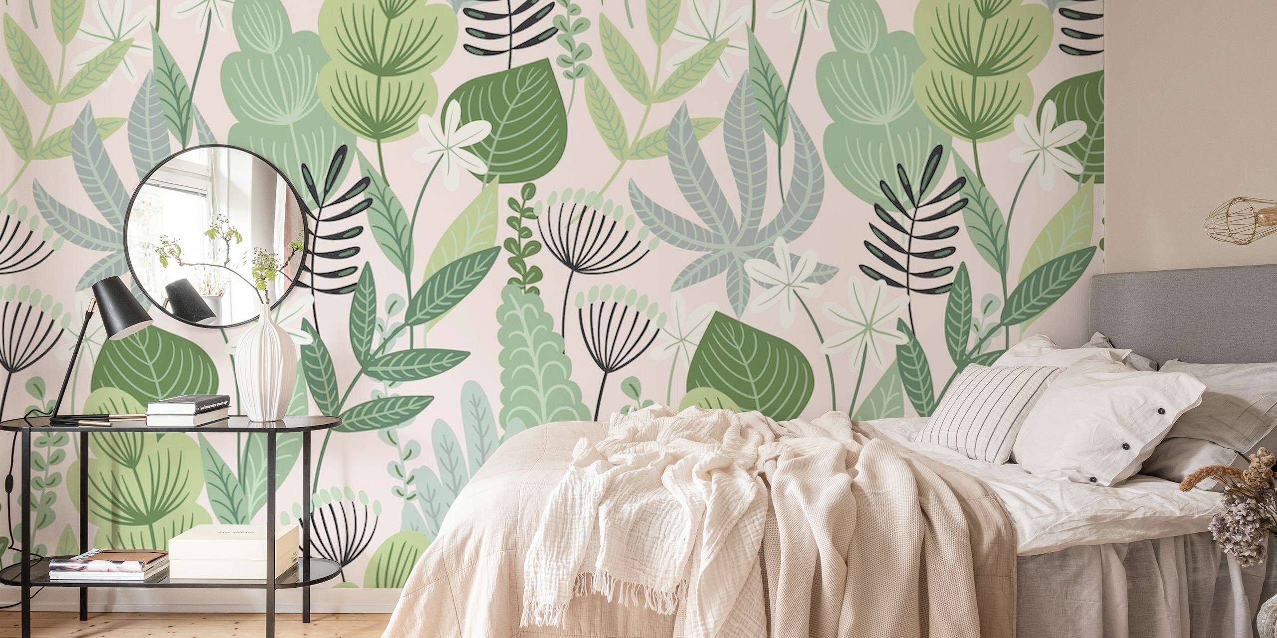 Jungle Blush wall mural with green foliage and blush pink accents
