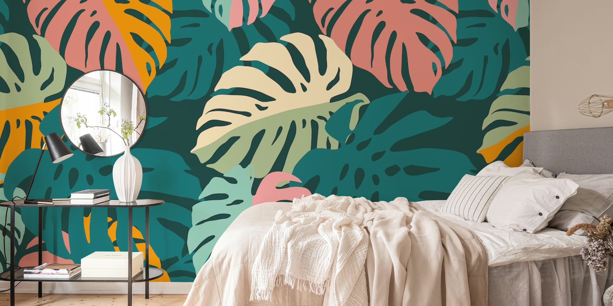 Tropical monstera leaves in green, pink, and orange colors wallpaper