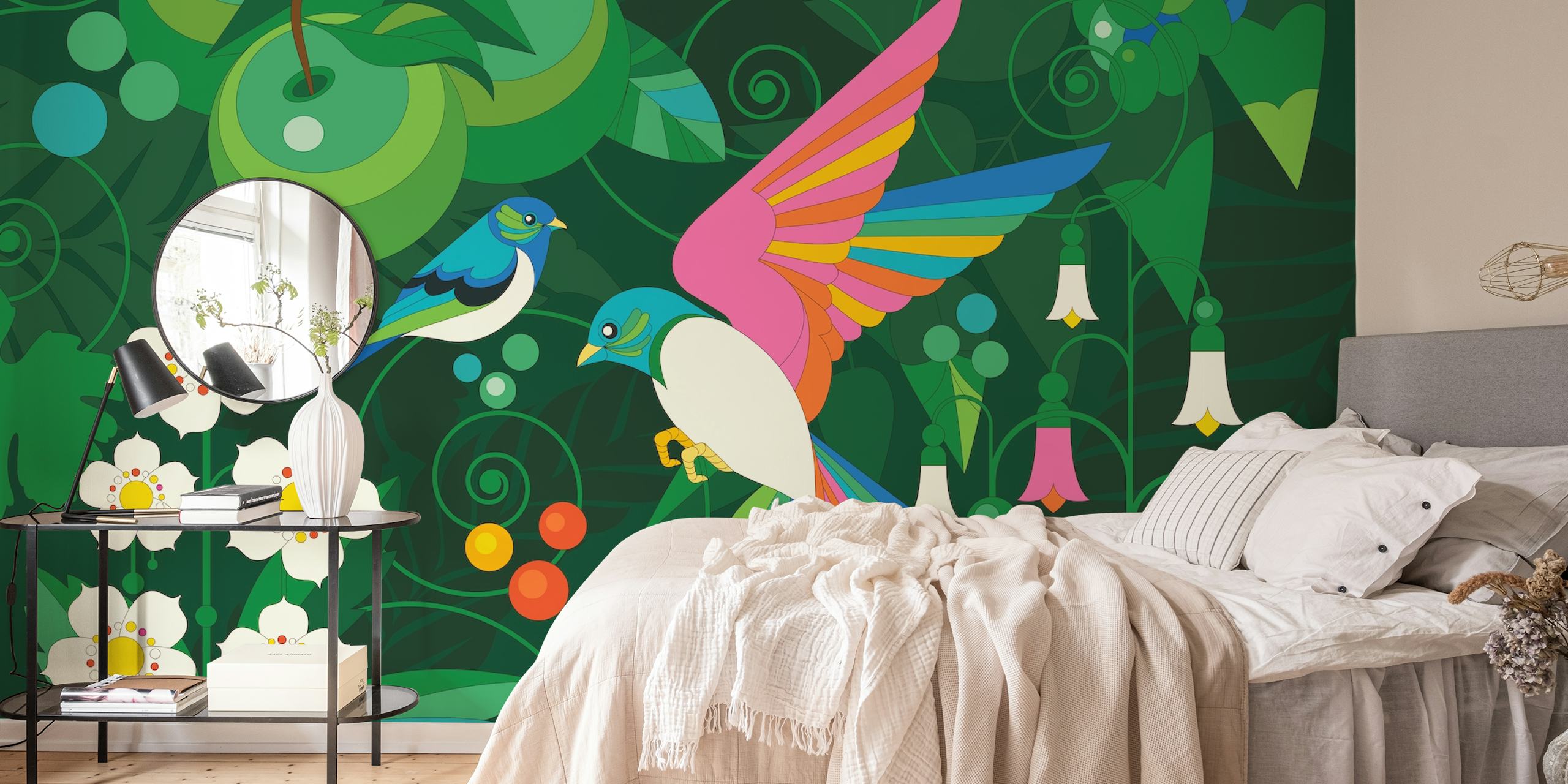 Two colorful birds amidst green leaves and white flowers wallpaper
