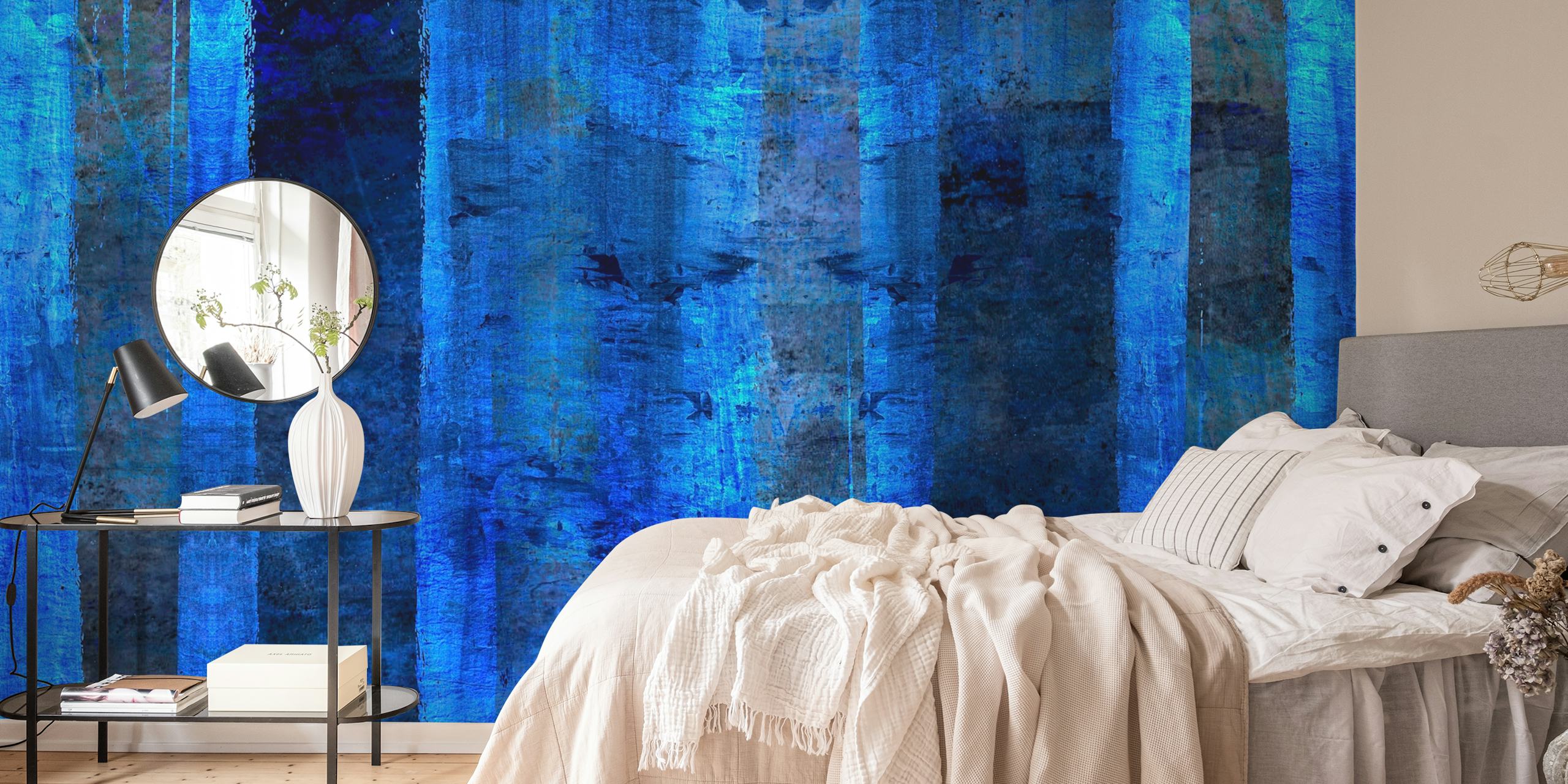 Ethereal indigo blue wall mural with abstract vertical streaks