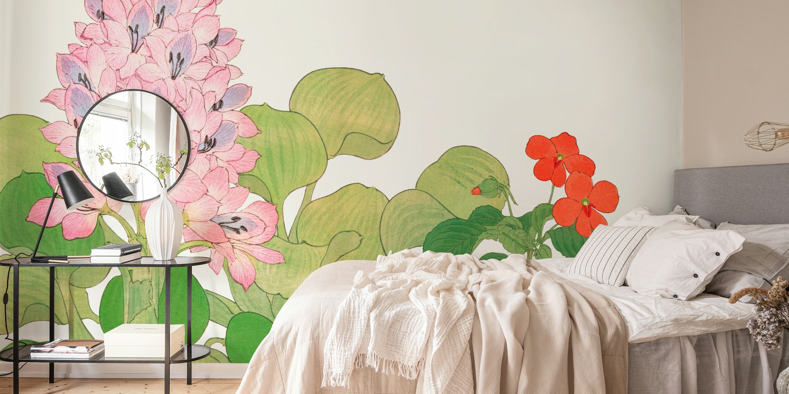 Pink and red tropical flowers with green leaves wallpaper