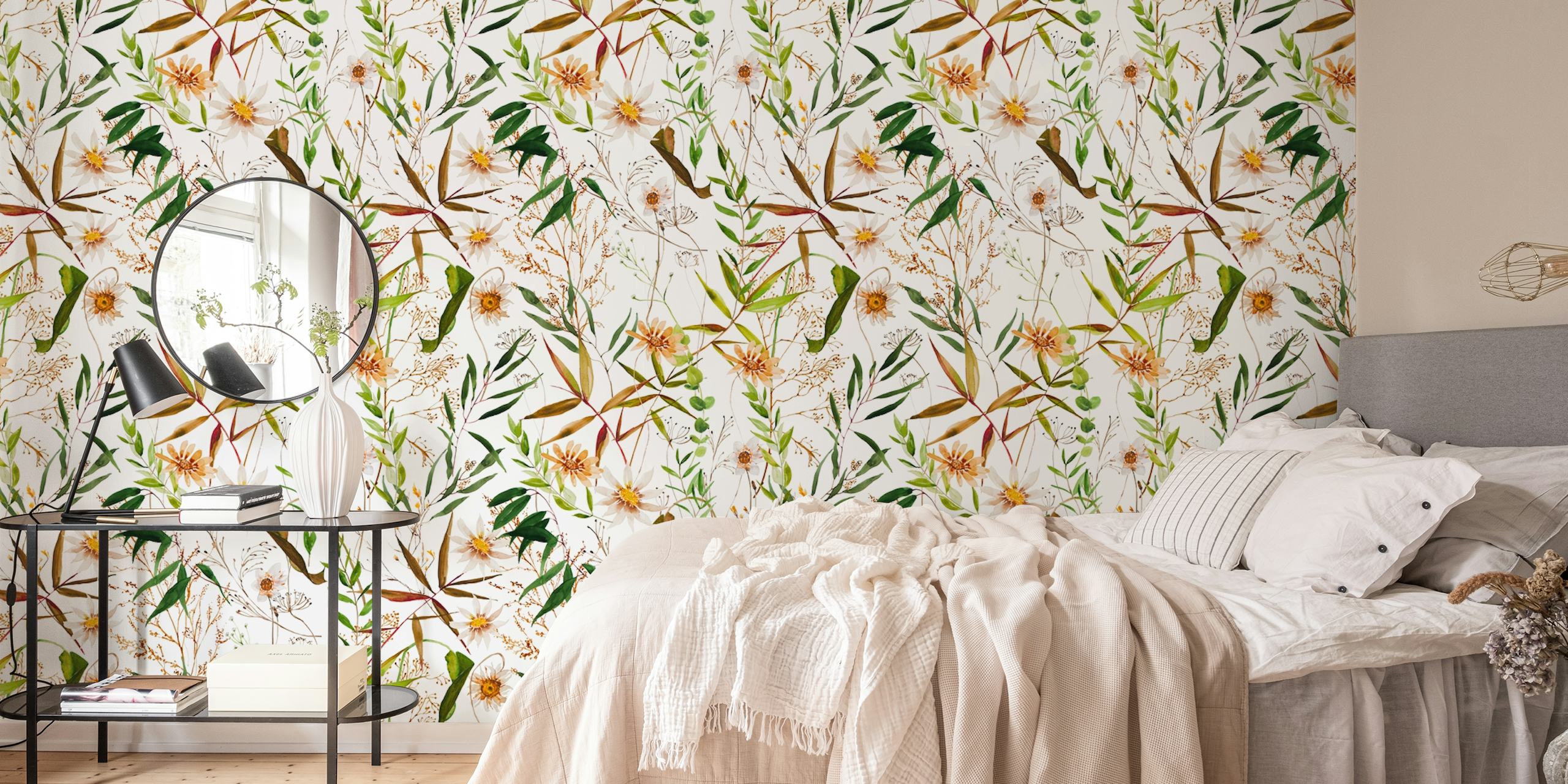 Botanical wallpaper featuring green leaves and white flowers