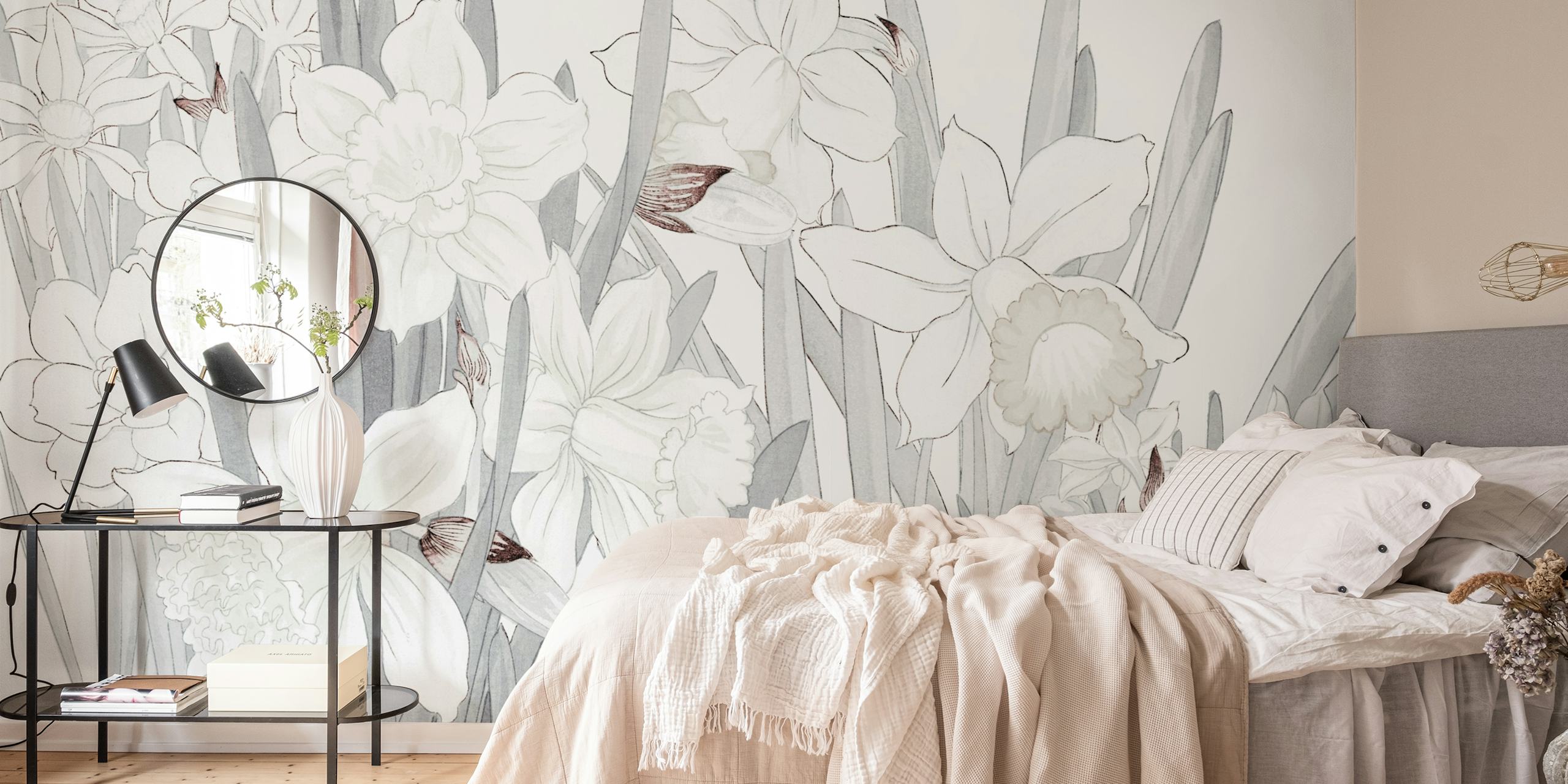 Light grey Scandinavian floral wallpaper in a room