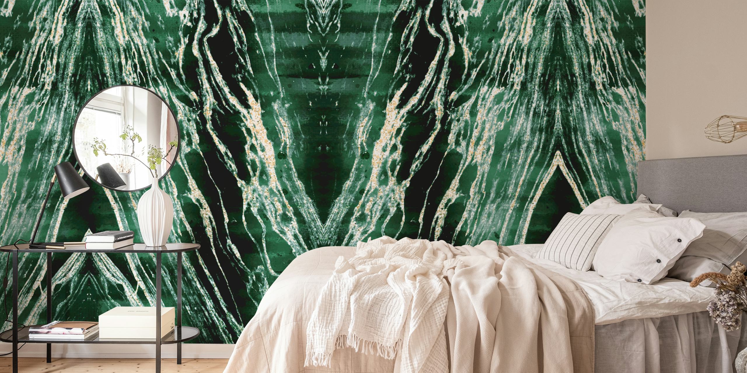 Emerald sparkles marbling wallpaper displayed in a room