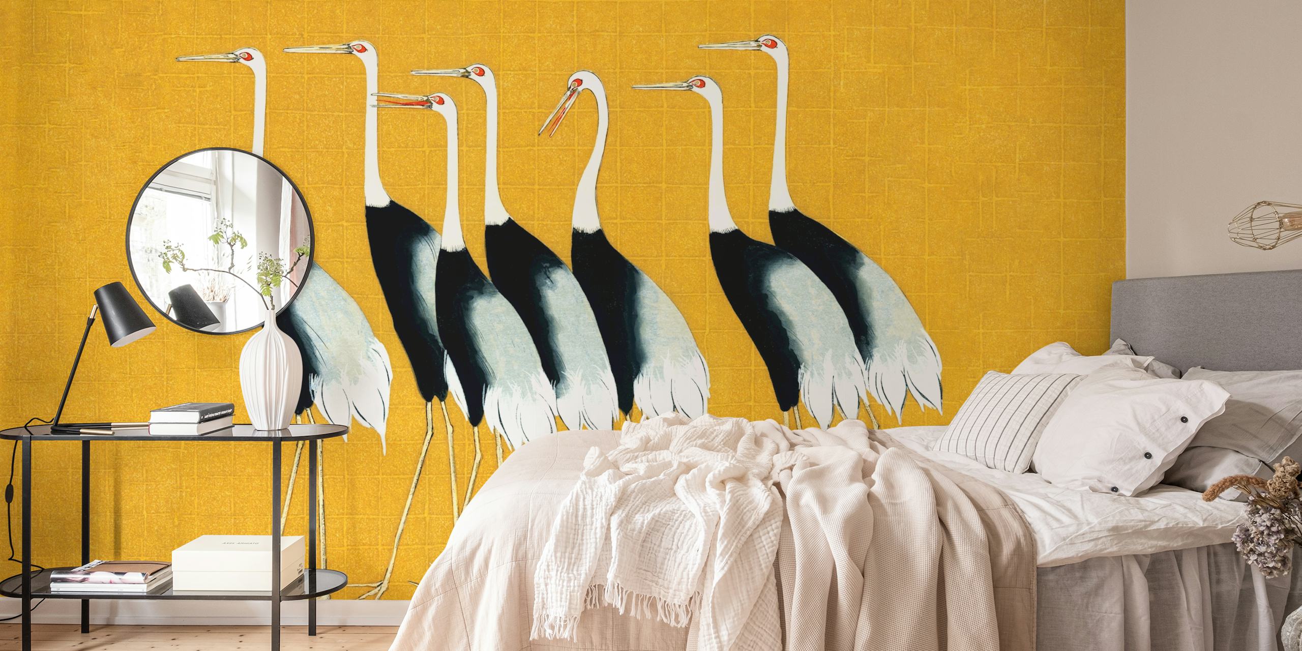 Japan Cranes on Mustard wallpaper in a room