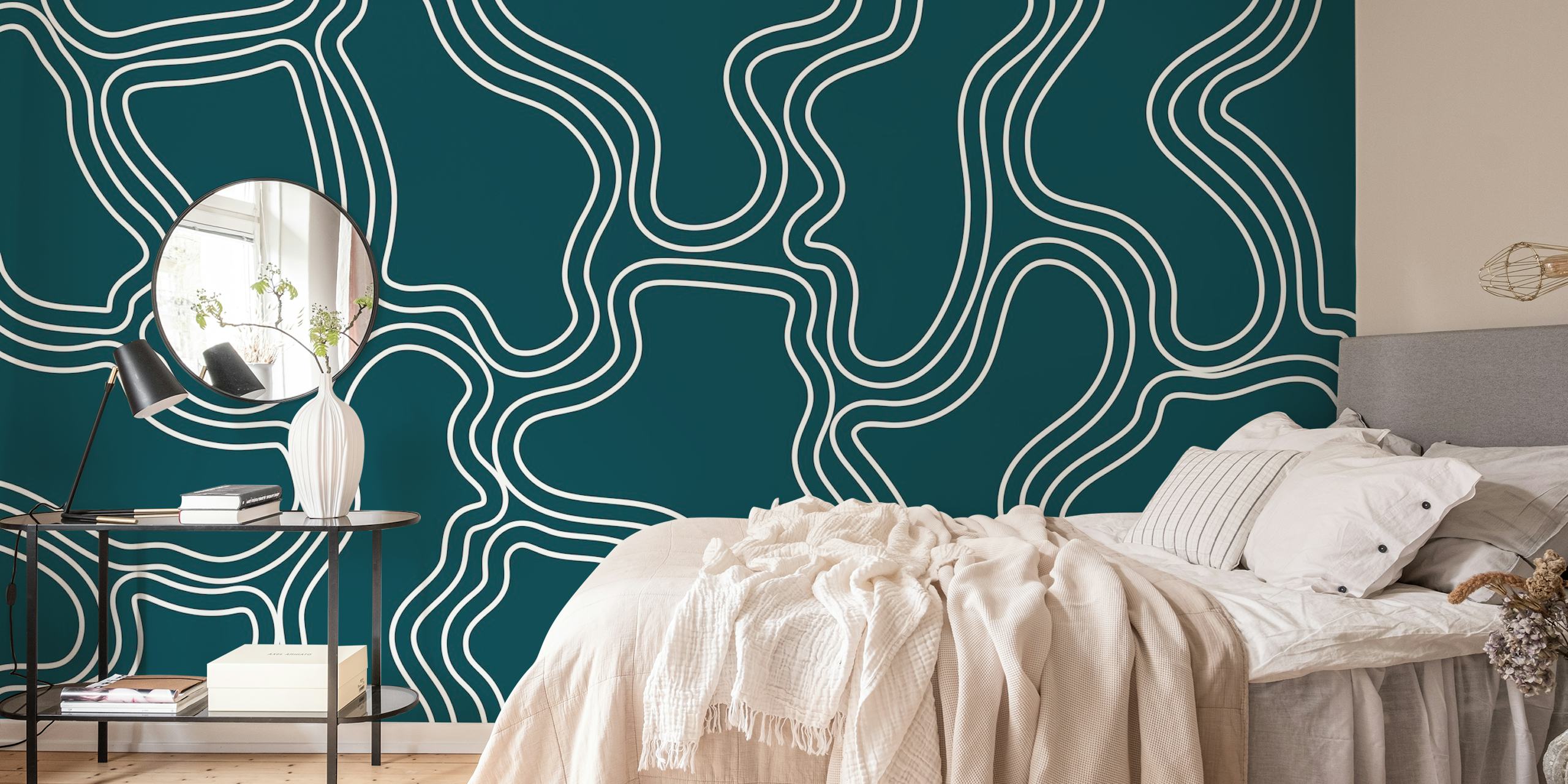 Mid-century style wall mural with organic stripes in teal and white colors