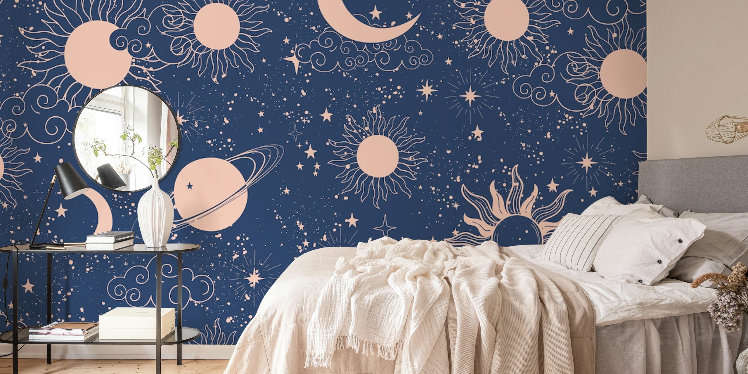 Celestial wallpaper featuring suns, moons, stars in navy and peach colors.