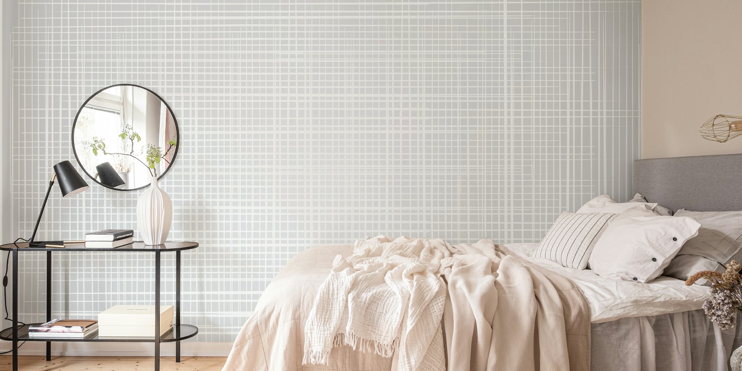 Geometric lines in white pattern on grey wallpaper