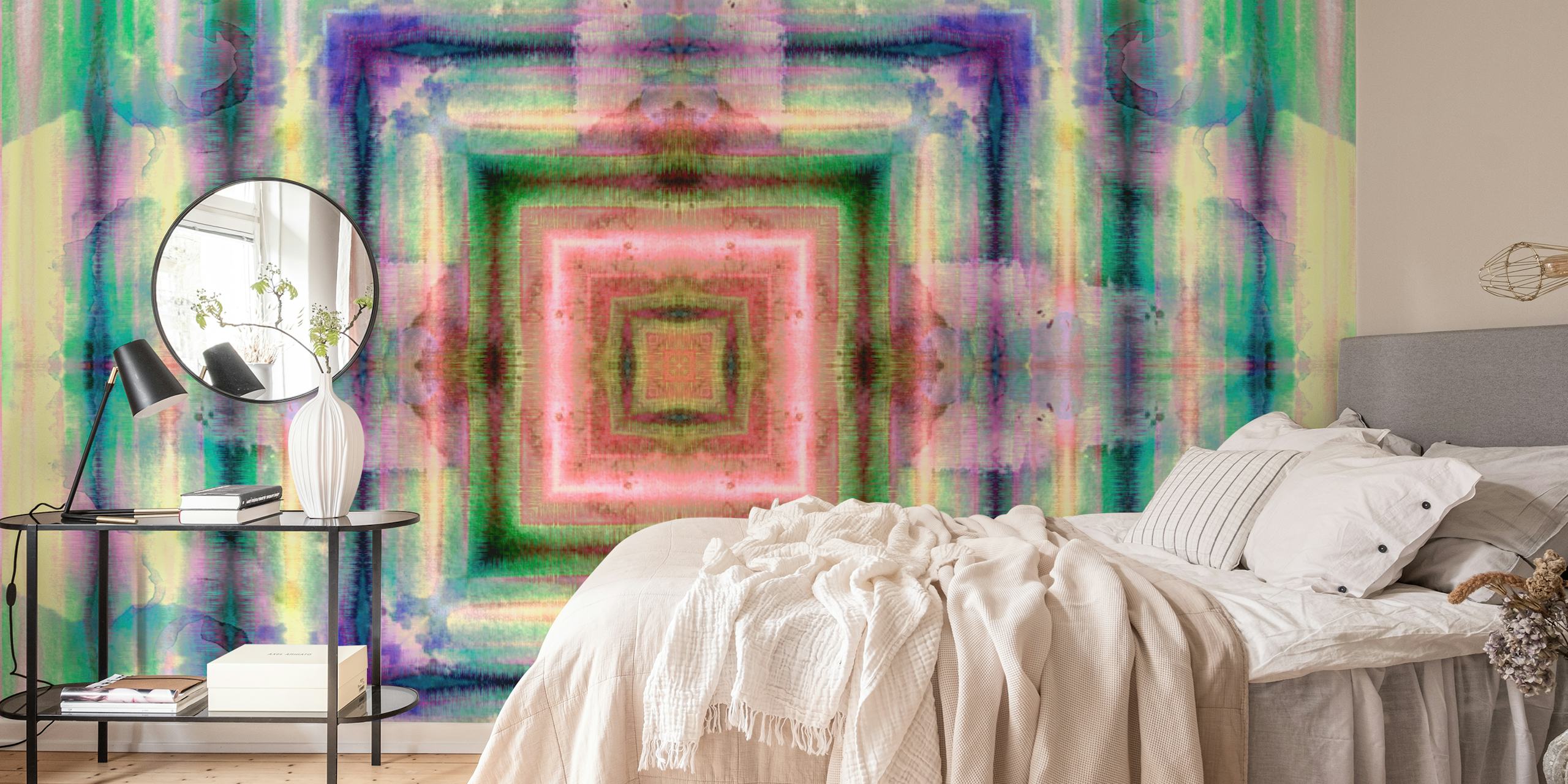 Colorful abstract geometric shapes in pink, green, blue wallpaper