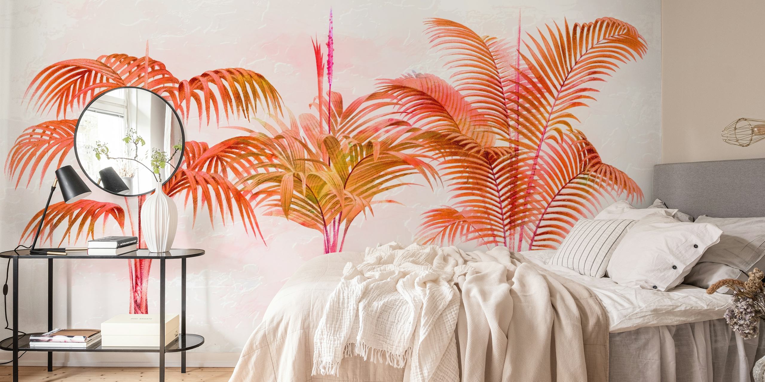 Rustgevende palmboom muurschildering in warme tinten.