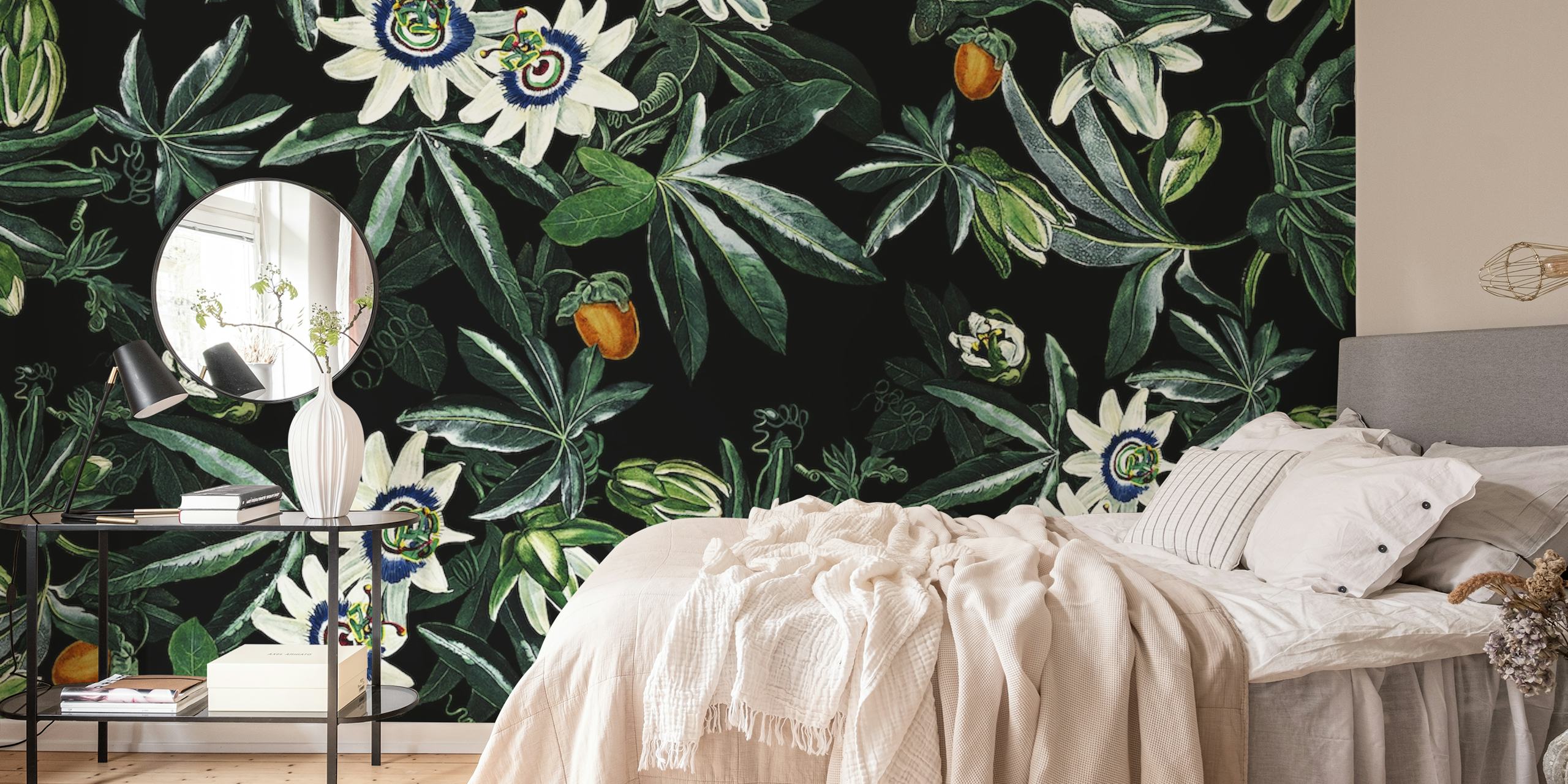 Tropical flowers and green leaves on black background wallpaper
