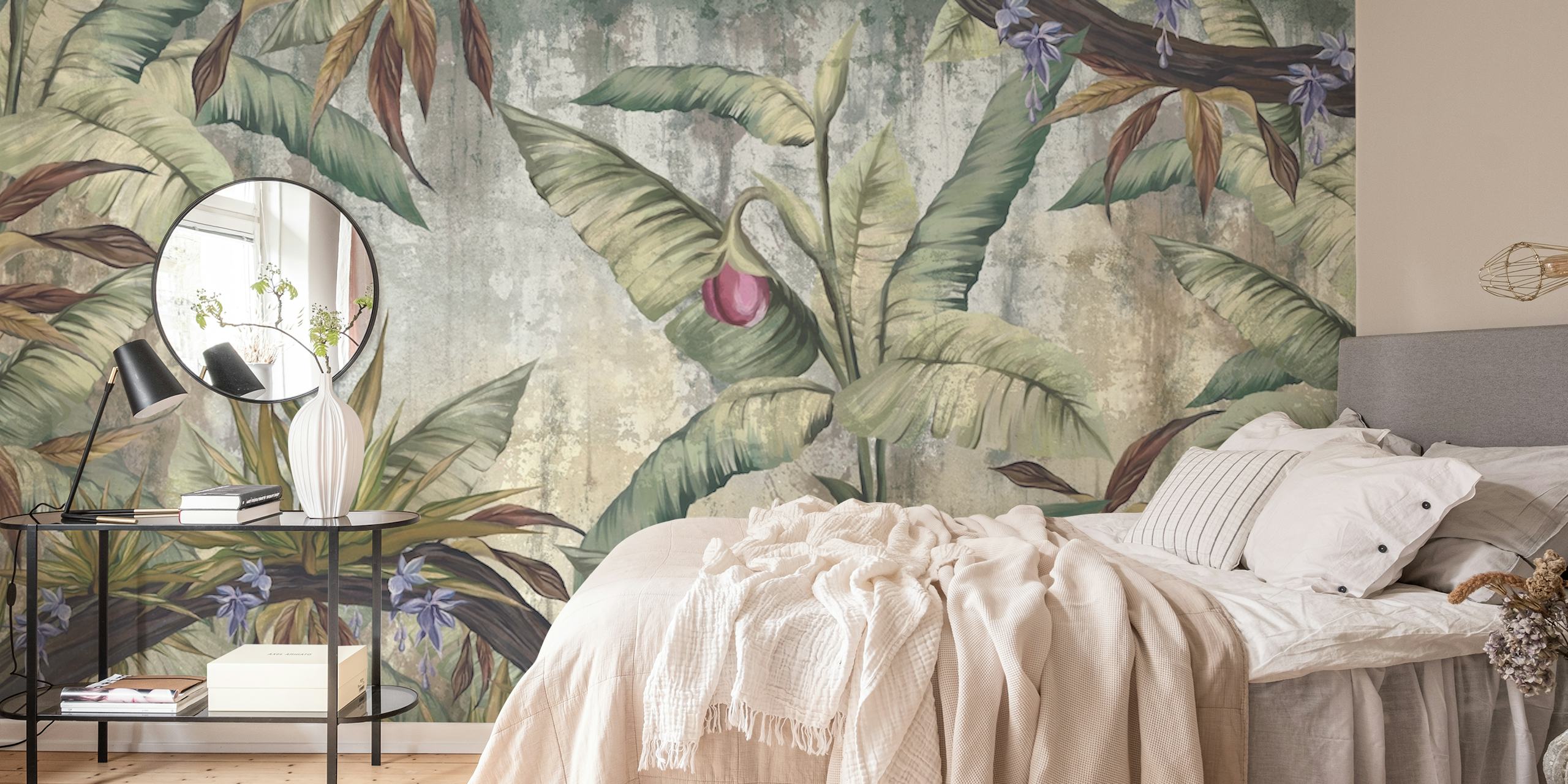 Vintage tropical flora wall mural with distressed texture