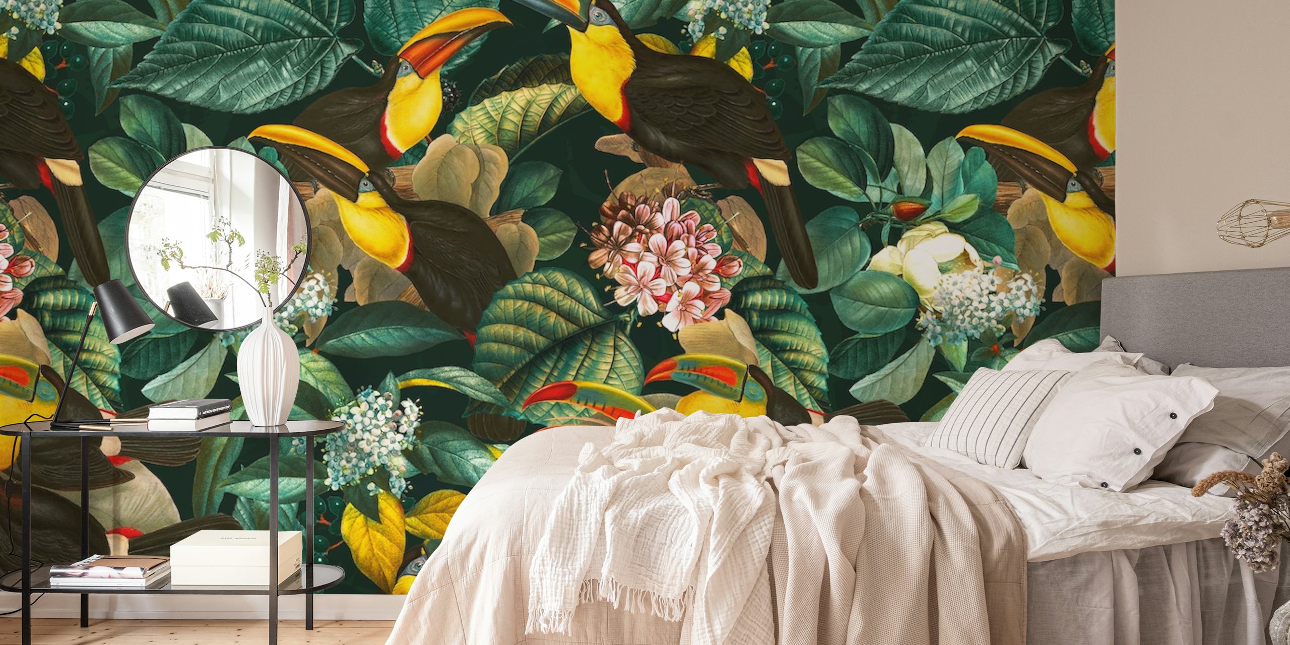 Colorful birds and floral patterns on dark green background wallpaper