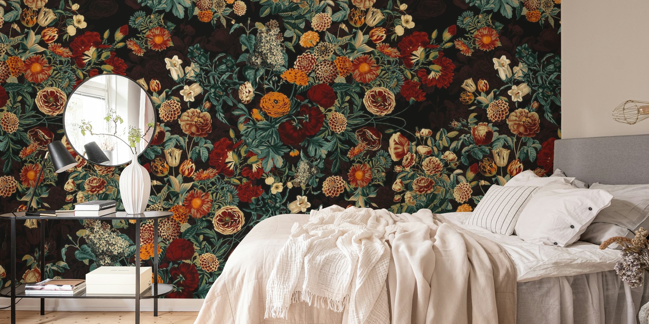 Colorful floral pattern with dark background wallpaper