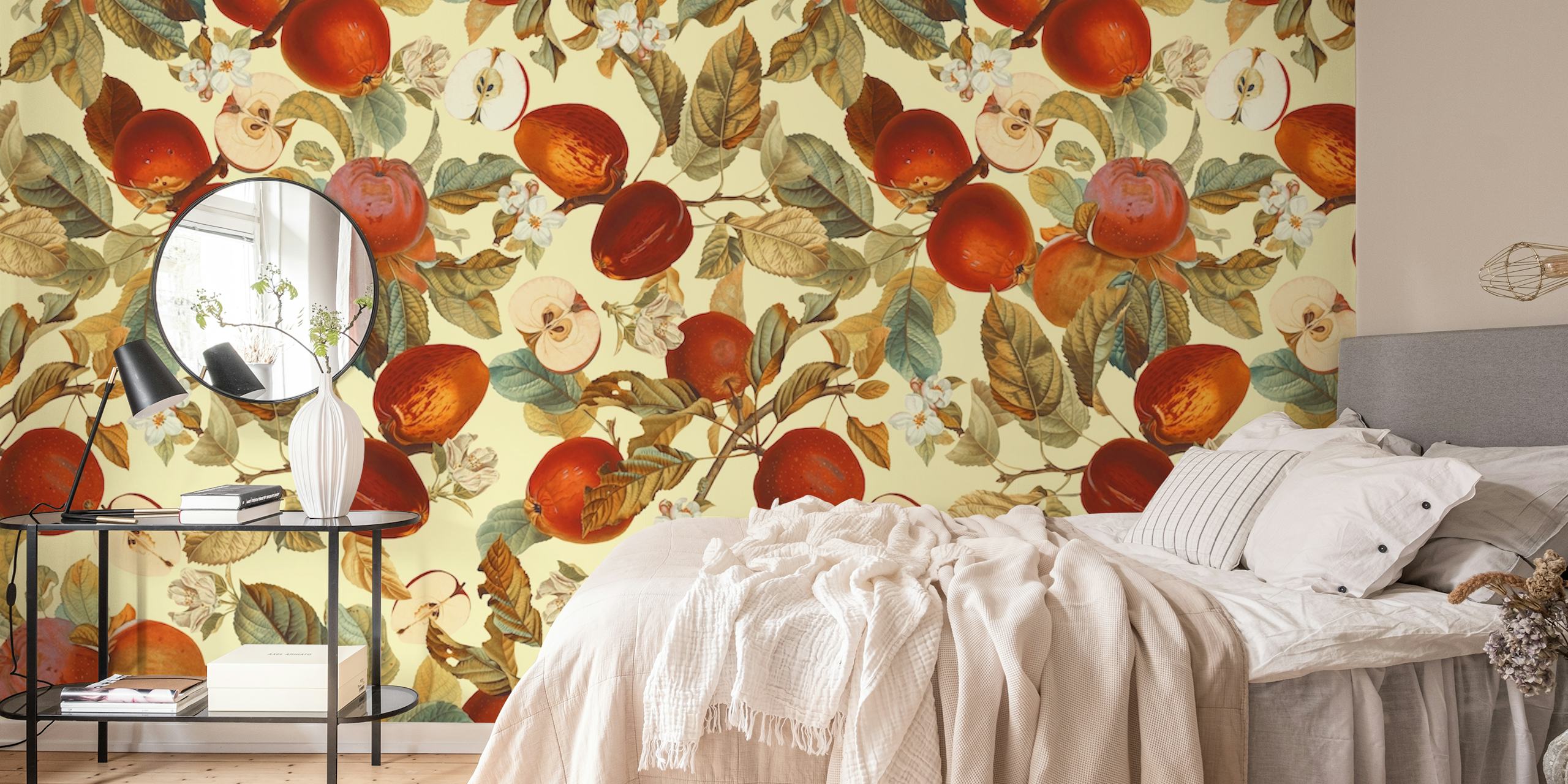 Vintage fruit and floral pattern showcasing red apples and green leaves wallpaper