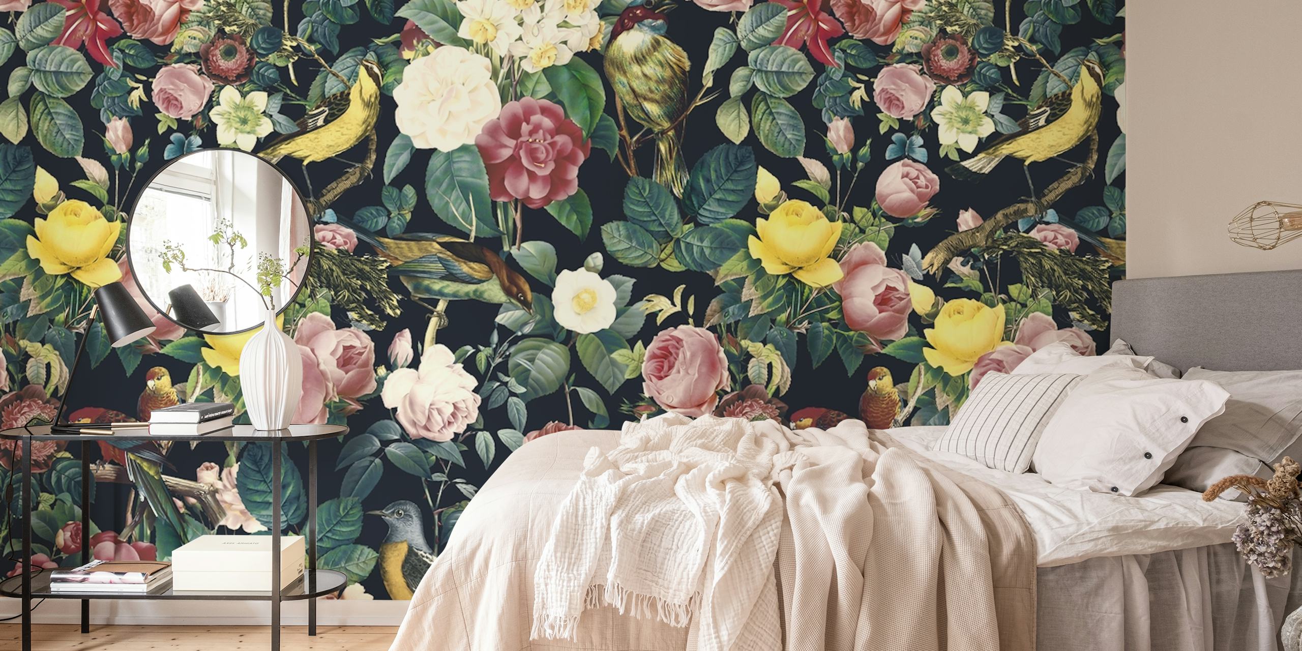 Floral and birds wallpaper displayed in a room