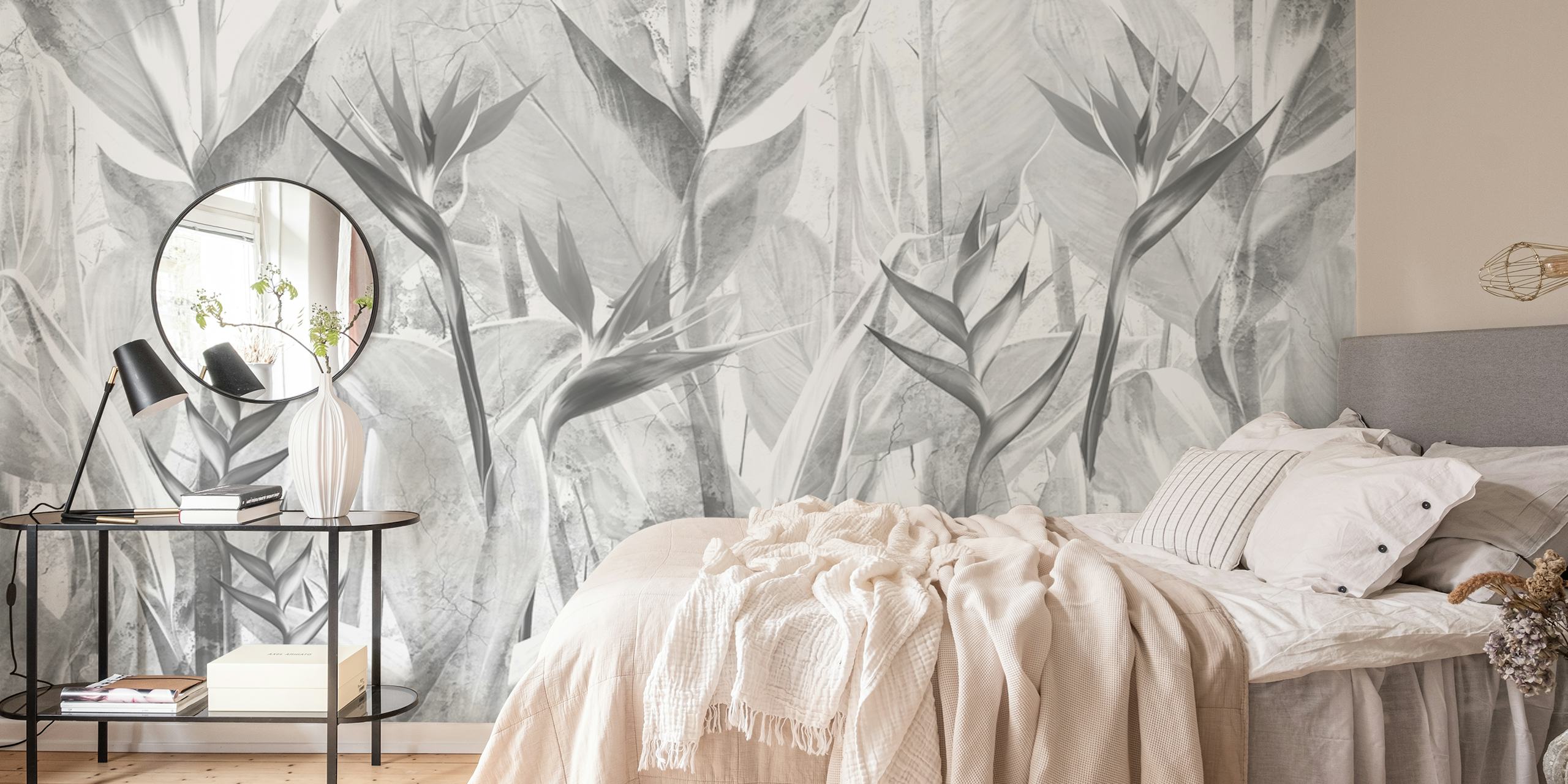 Tropical grey leaves design with monochromatic tones wallpaper
