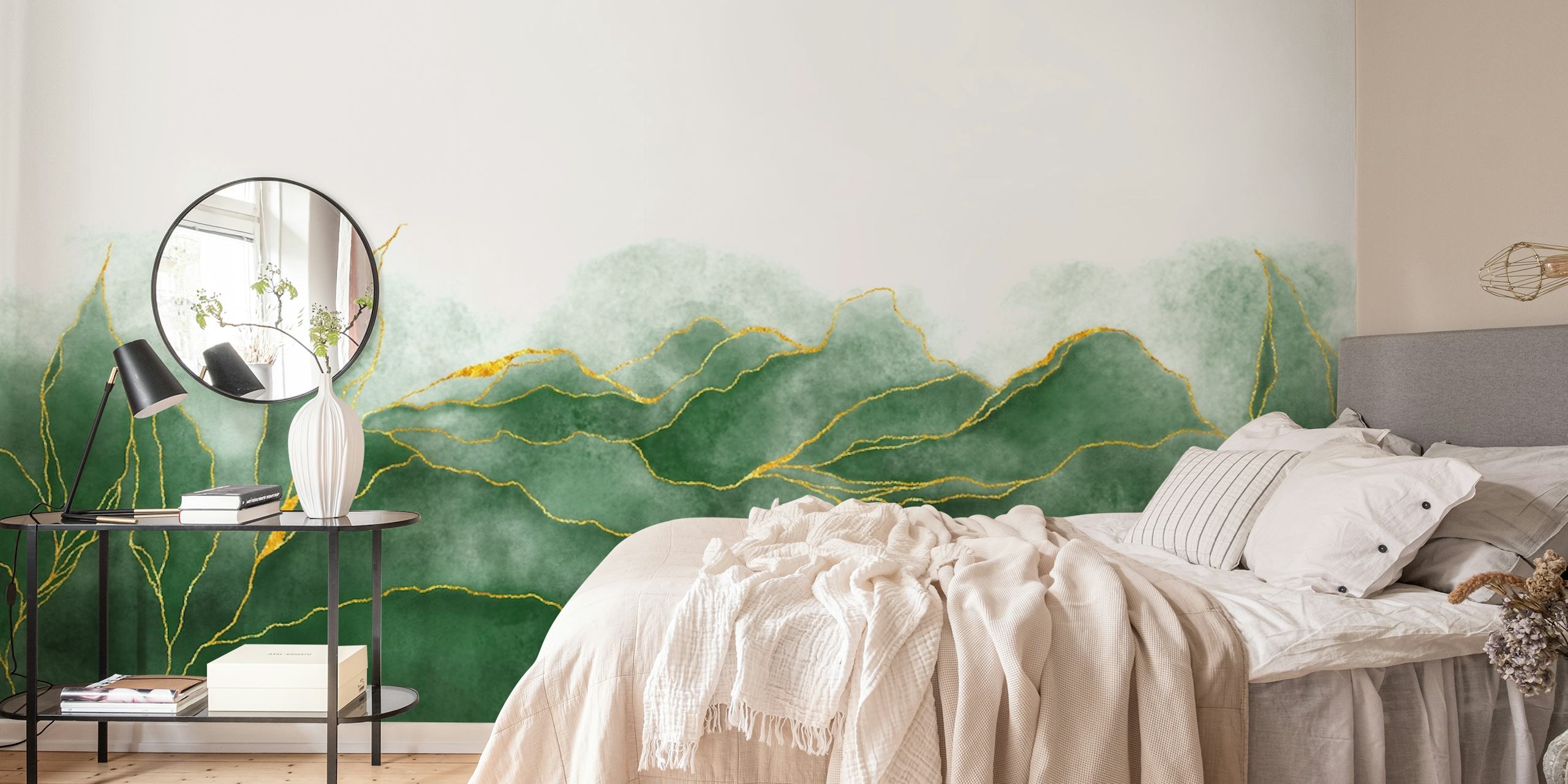 Green watercolor veins ταπετσαρία σε ένα δωμάτιο