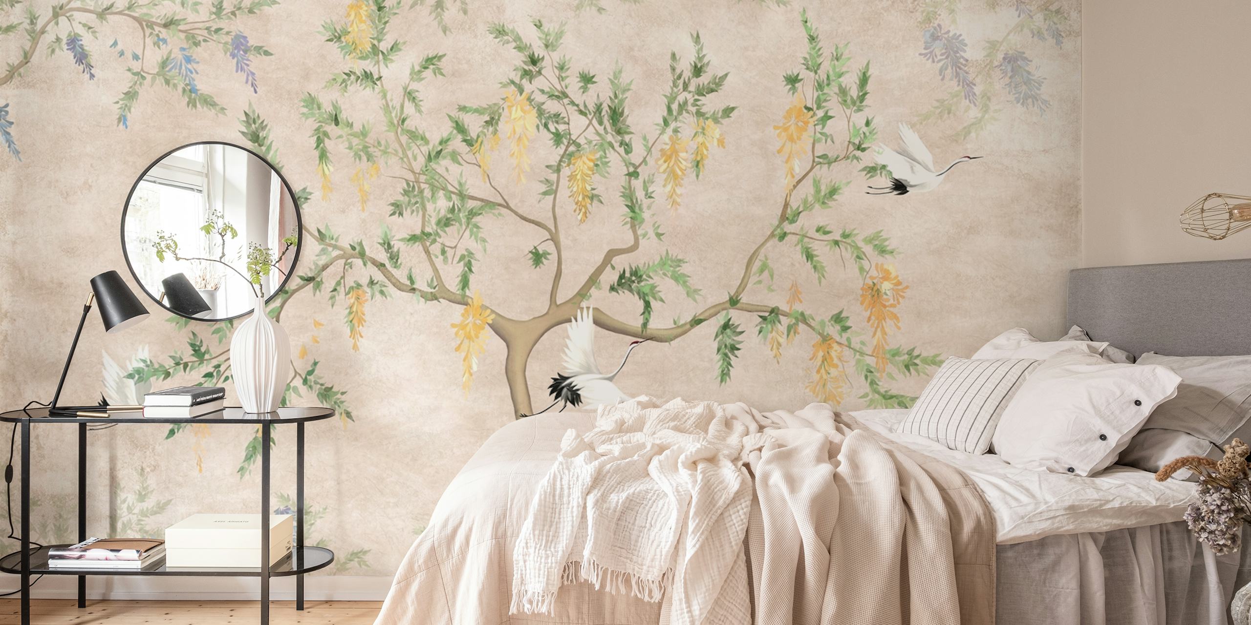 Cranes and floral design with soft colors on wallpaper