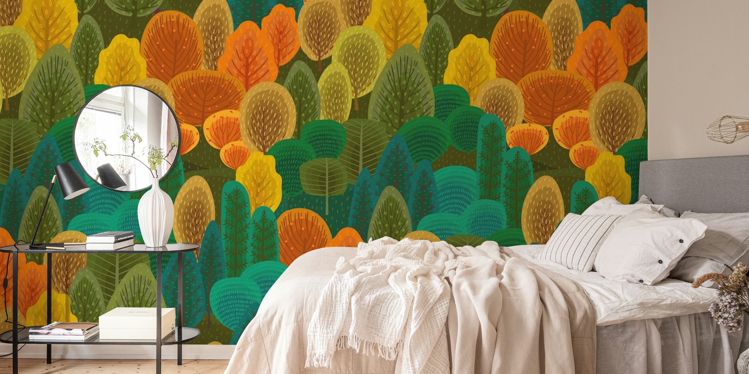 Abstract kleurrijk bosbehang met warme tinten oranje, geel en groen