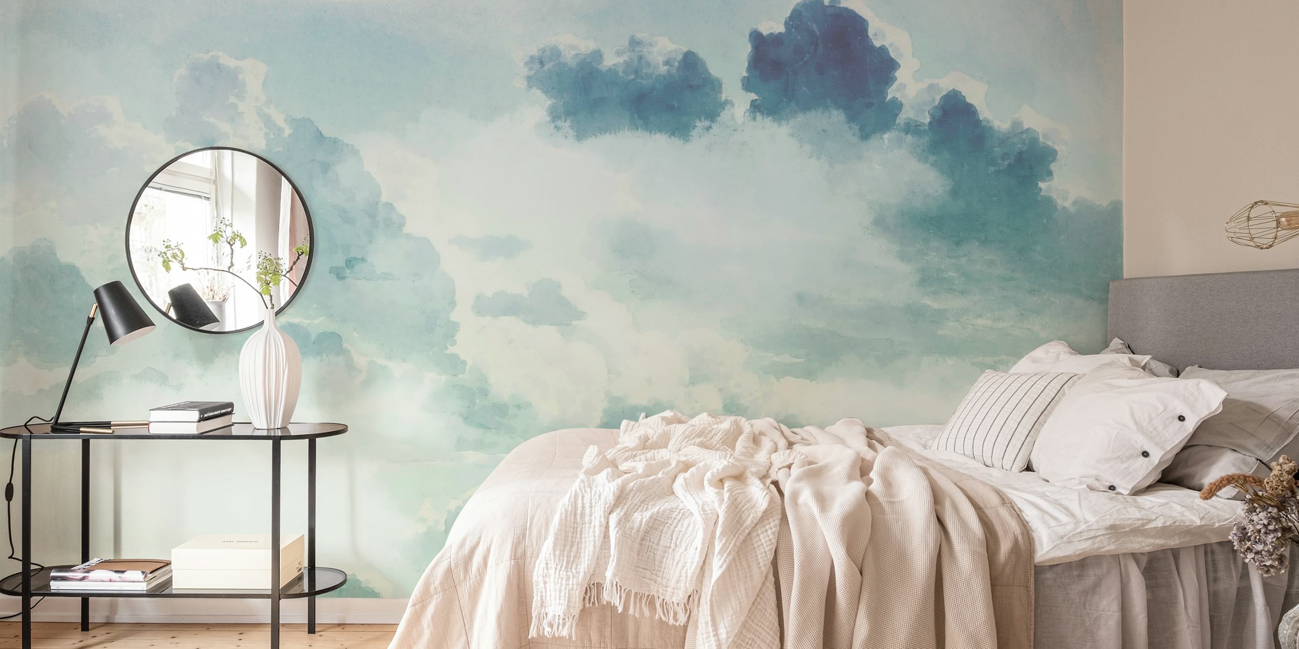 Pastel teal clouds wallpaper in a room