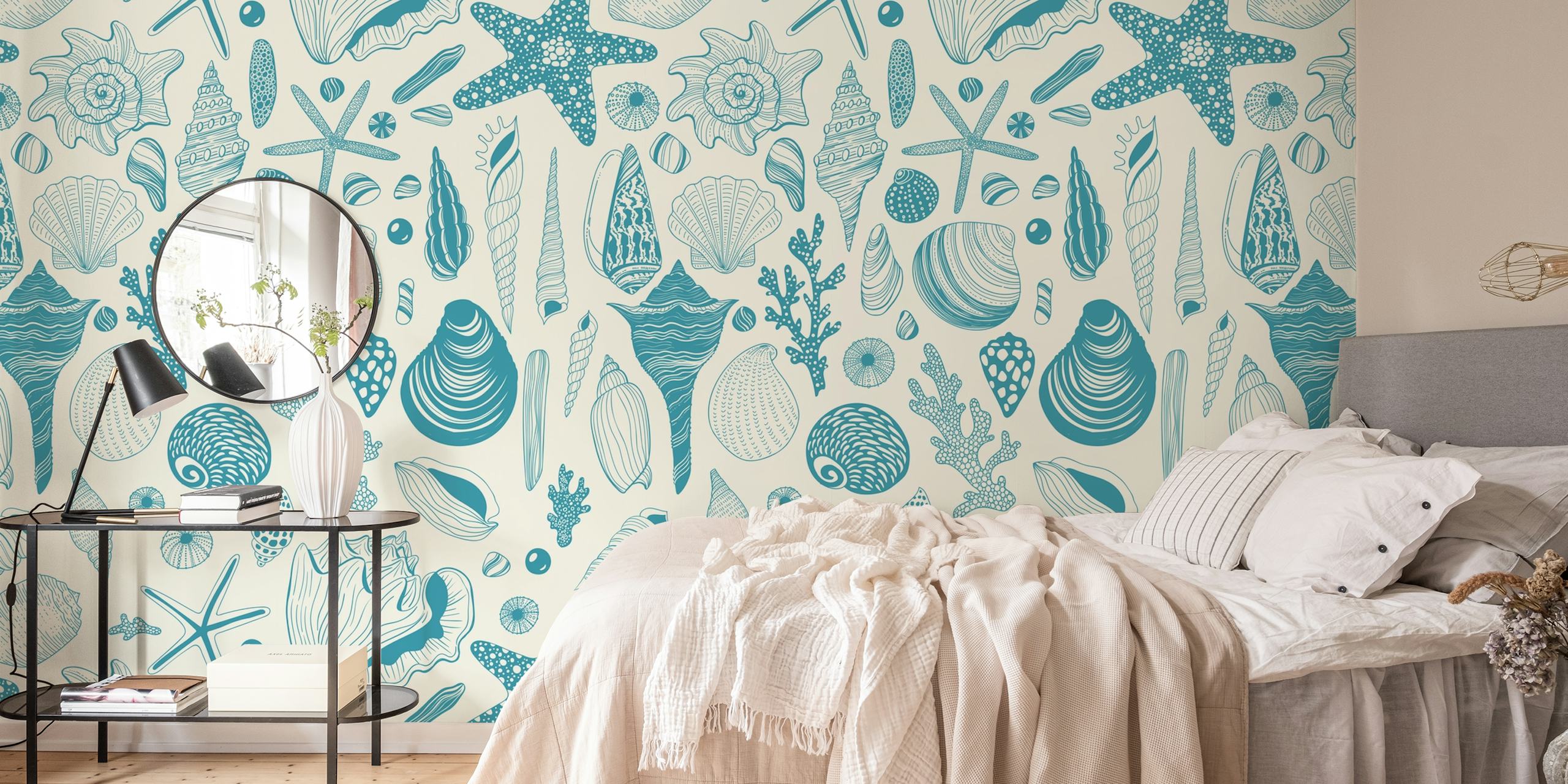 Seashells and starfish in blue tones on light background wallpaper
