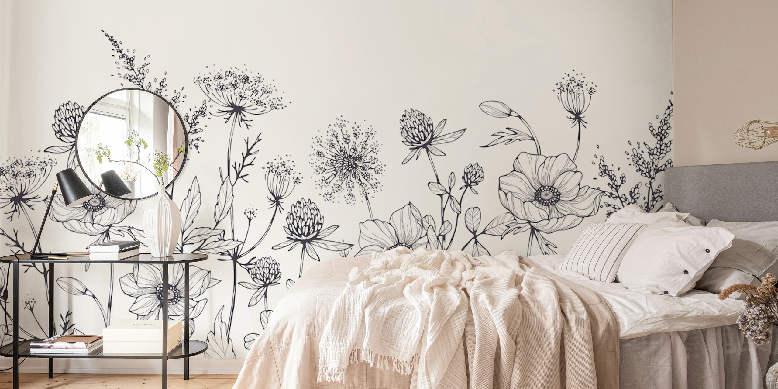 Black and white floral illustration wallpaper featuring detailed blooming flowers and leaves.