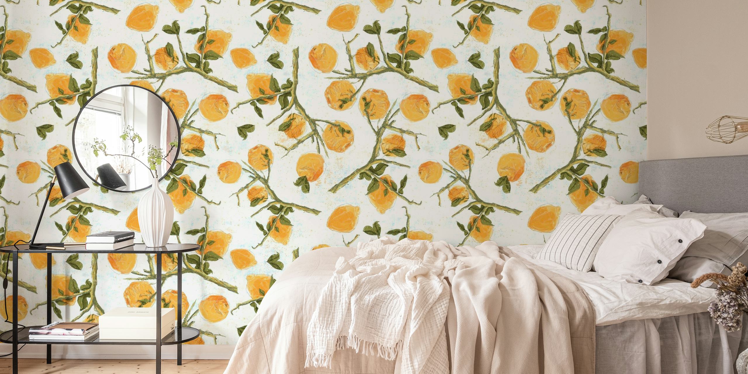 Citroenen op wit fotobehang met geïllustreerde citrusvruchten en groene bladeren