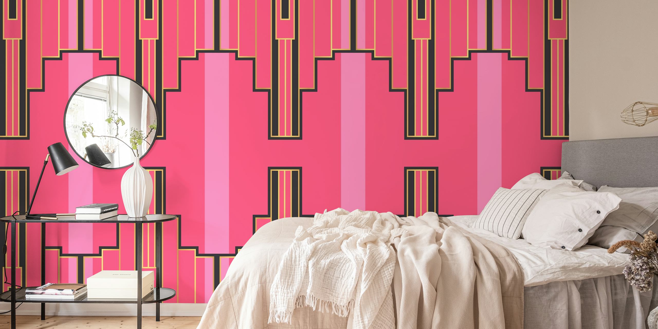 Geometric pink and gold Art Deco wallpaper